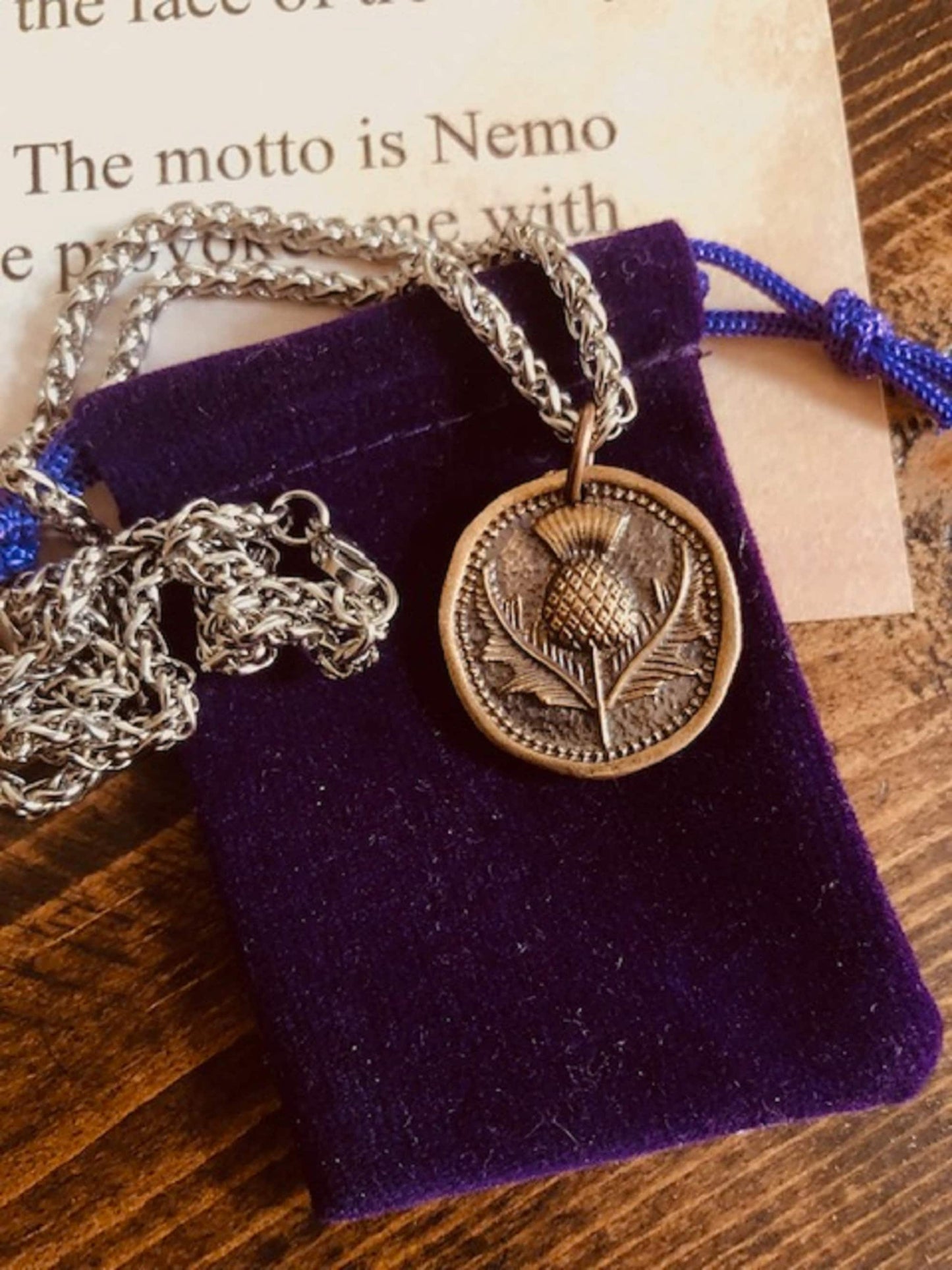 Antique Wax Seal Bronze Scottish Thistle Pendant Necklace, Bravery, Courage, Loyalty, Patience, Strength, Protection, Scotland Charm 139