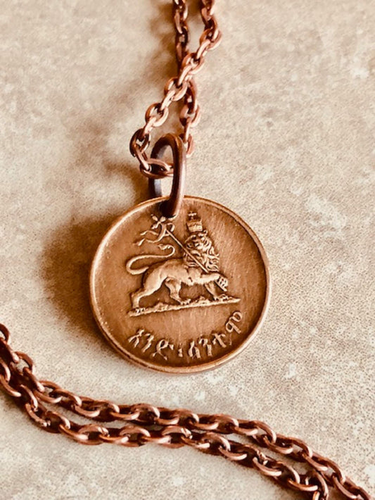 Ethiopia Coin Pendant Ethiopian Lion Scepter Personal Necklace Old Vintage Handmade Jewelry Gift Friend Charm Him Her World Coin Collector