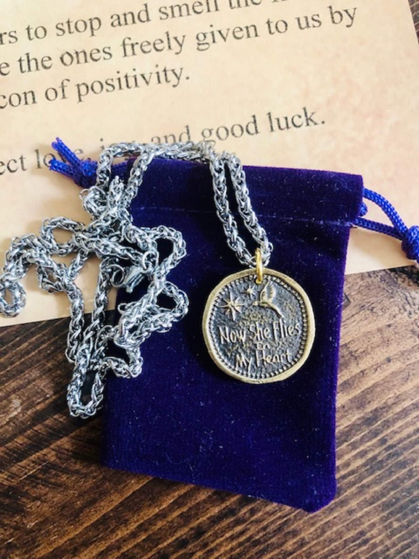 Brass Wax Seal Now She Flies in My heart Hummingbird-Remember Positivity Life Joy Good Luck Antique Pendant Necklace- Charm Fascination 138