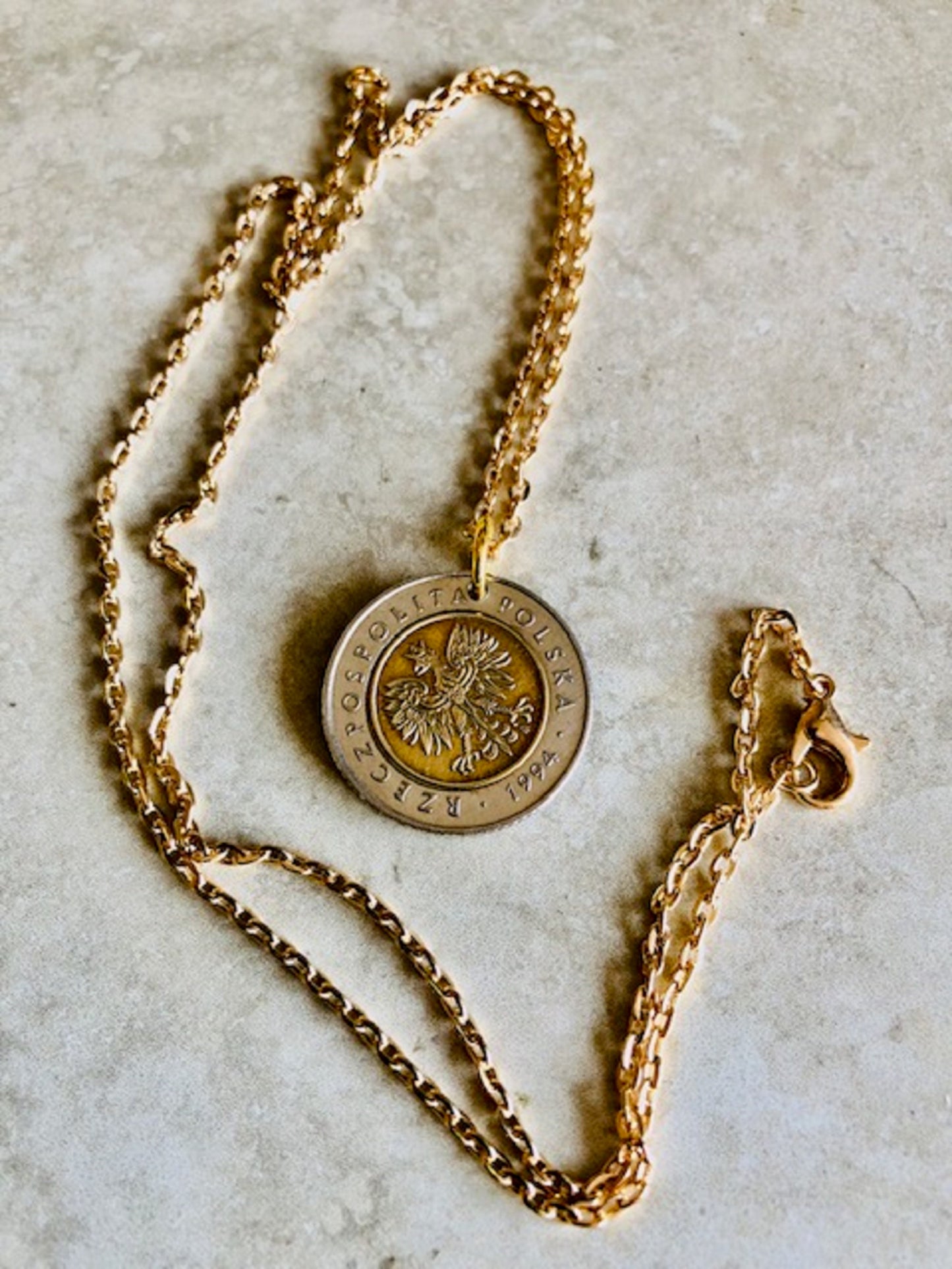 Poland Pendant Necklace 5 Zlote Polish Custom Made Vintage Jewelry and Rare coins - Coin Enthusiast - Handmade Fashion Gift Accessory.