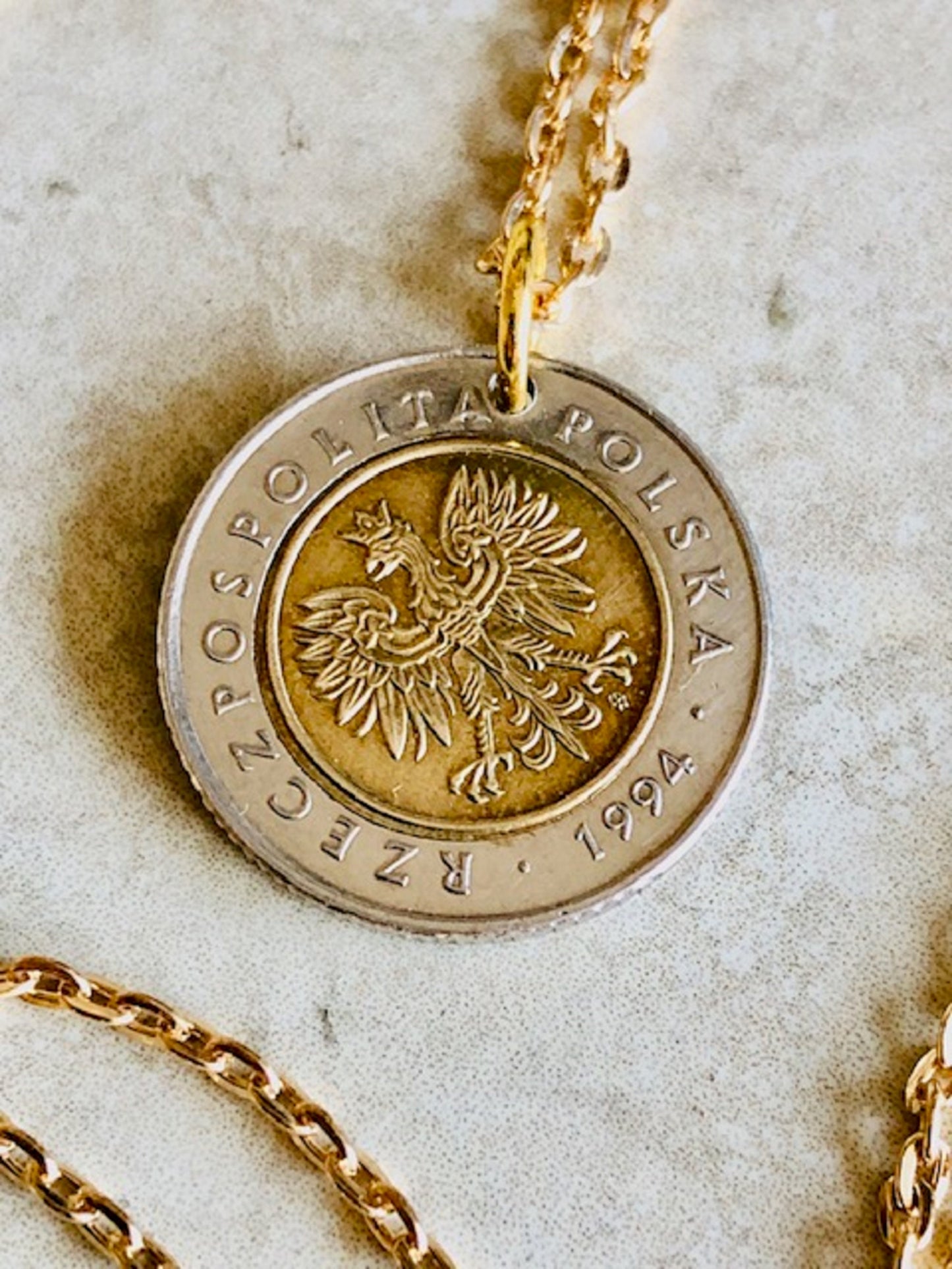 Poland Pendant Necklace 5 Zlote Polish Custom Made Vintage Jewelry and Rare coins - Coin Enthusiast - Handmade Fashion Gift Accessory.