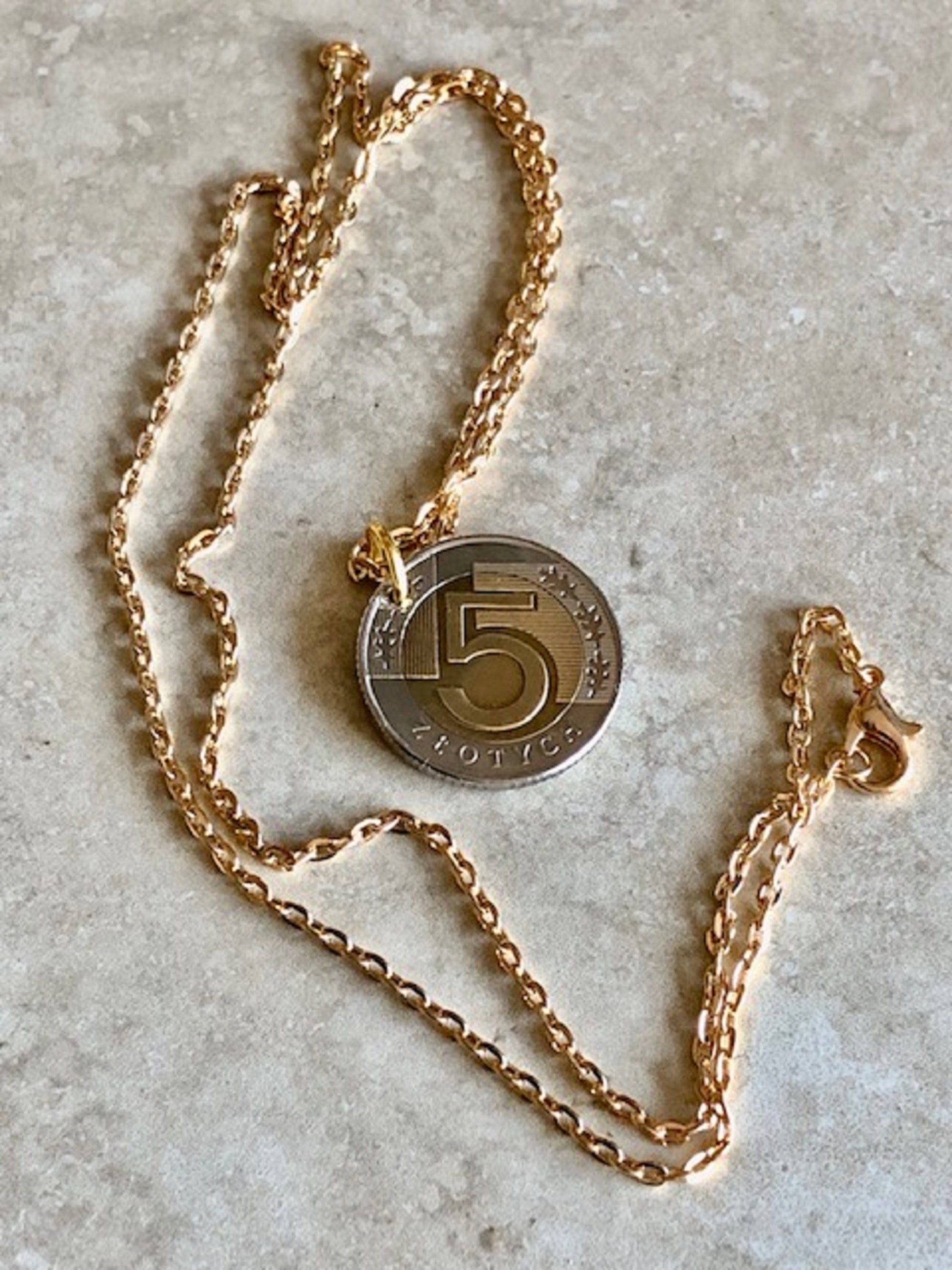 Poland Pendant Necklace 5 Zlote Polish Custom Made Vintage Jewelry and Rare coins - Coin Enthusiast - Handmade Fashion Gift Accessory.
