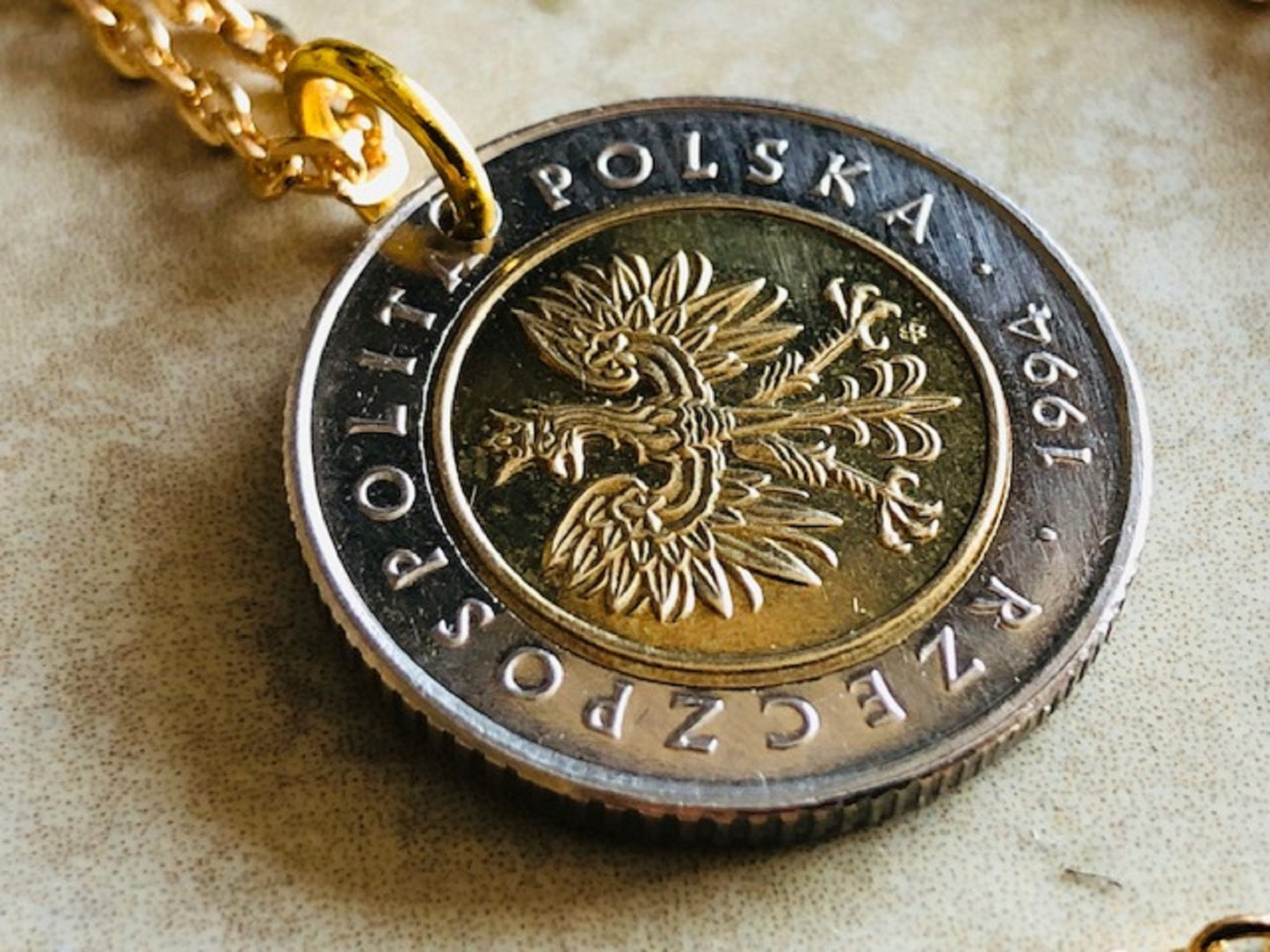 Poland Pendant Necklace 5 Zlote Polish Custom Made Vintage Jewelry and Rare coins - Coin Enthusiast - Handmade Fashion Gift Accessory.