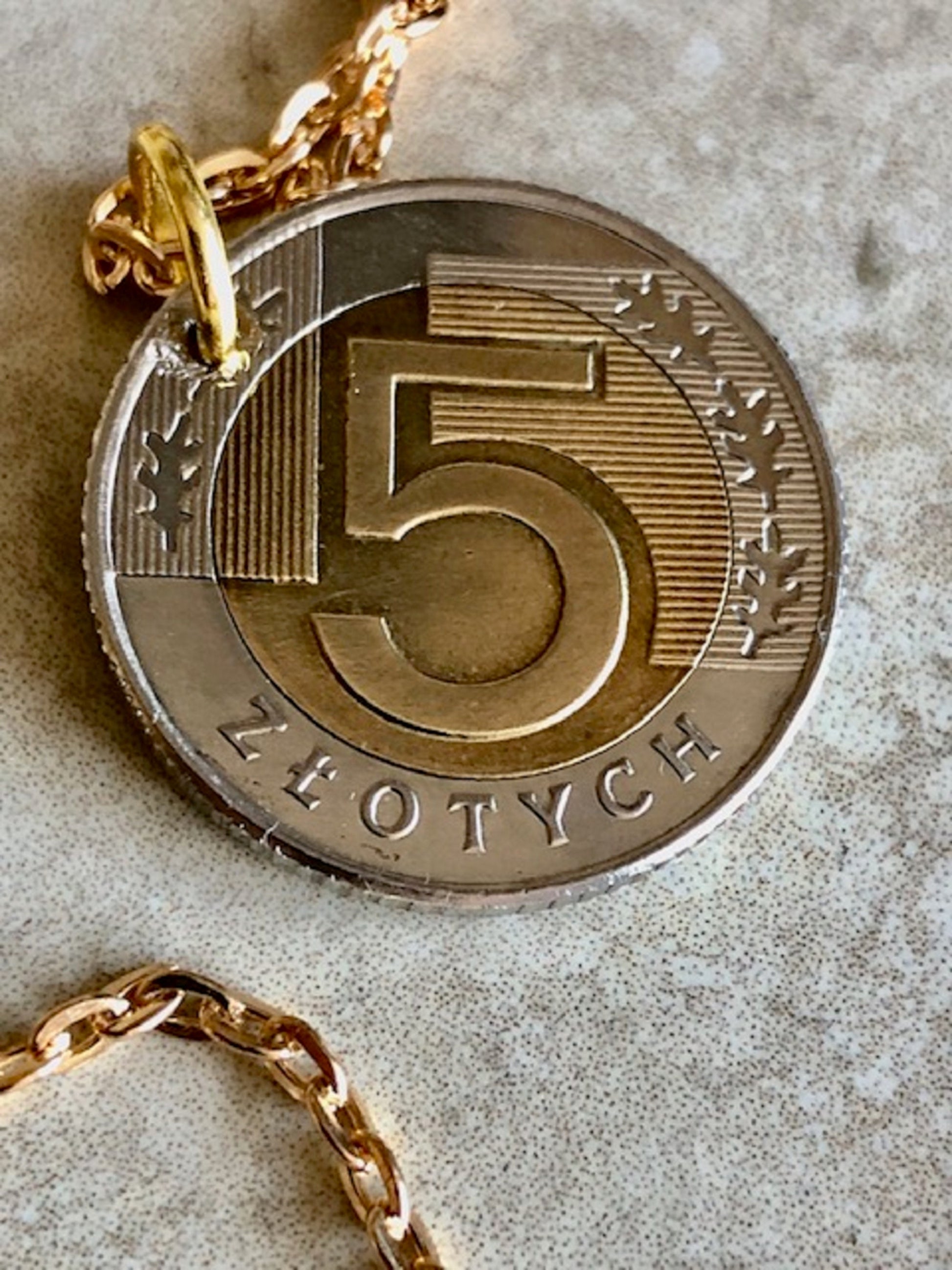 Poland Pendant Necklace 5 Zlote Polish Custom Made Vintage Jewelry and Rare coins - Coin Enthusiast - Handmade Fashion Gift Accessory.