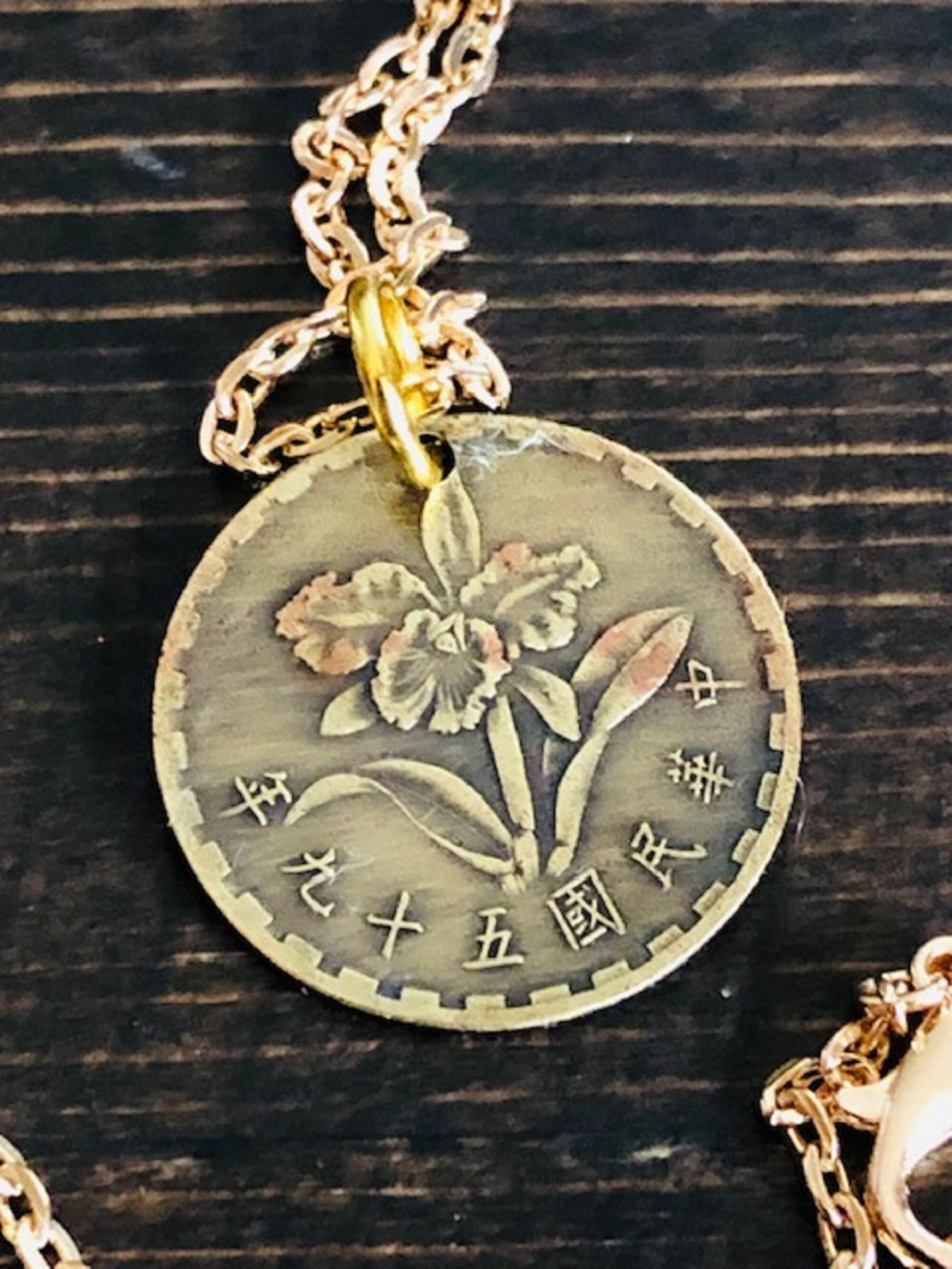 Asian Coin Pendant Necklace with Flowers Custom Made Vintage and Rare coins - Coin Enthusiast - Fashion Accessory