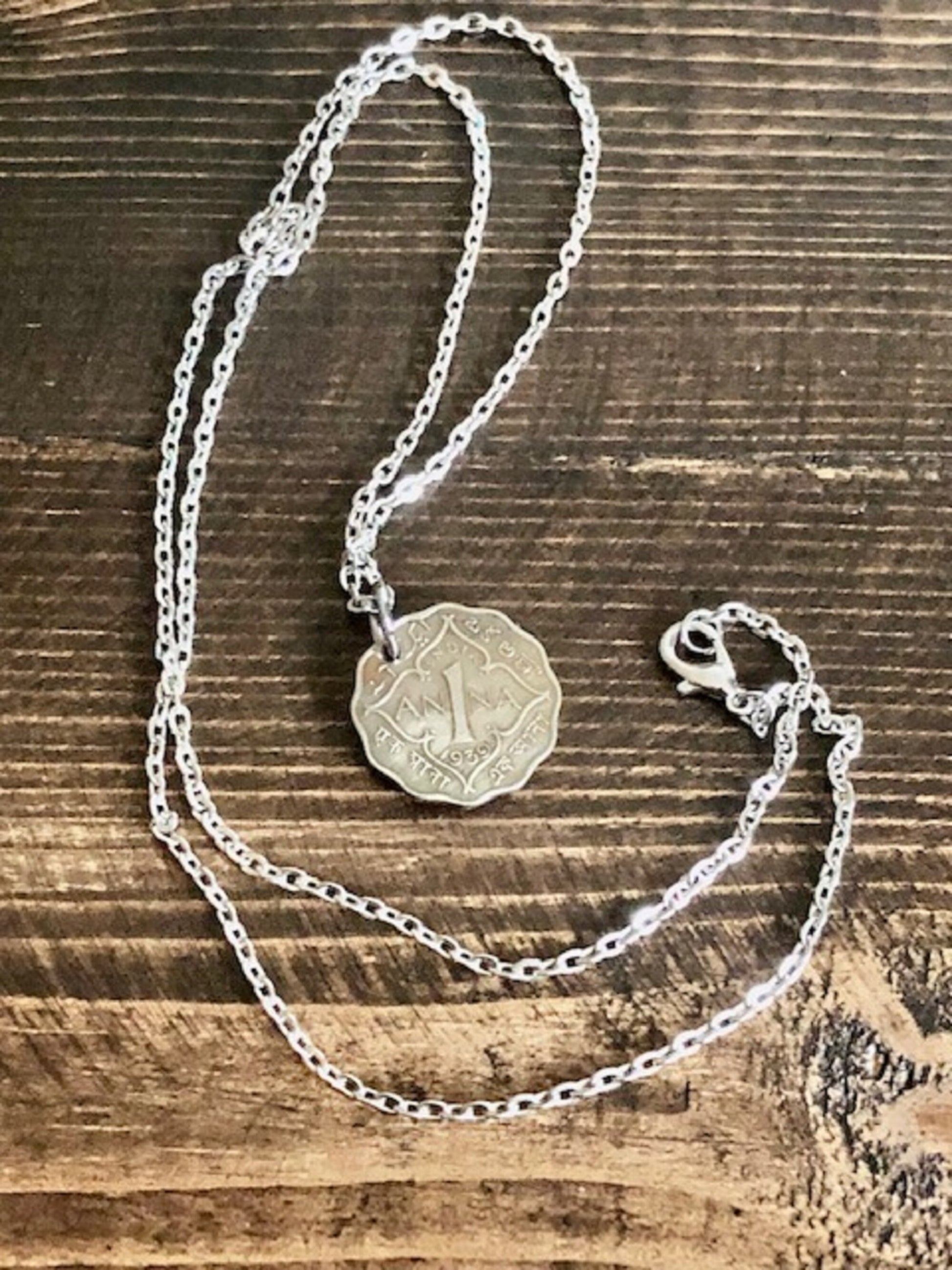 India Sri Lanka Coin Pendant 1 Anna Personal Necklace Old Vintage Handmade Jewelry Gift Friend Charm For Him Her World Coin Collector