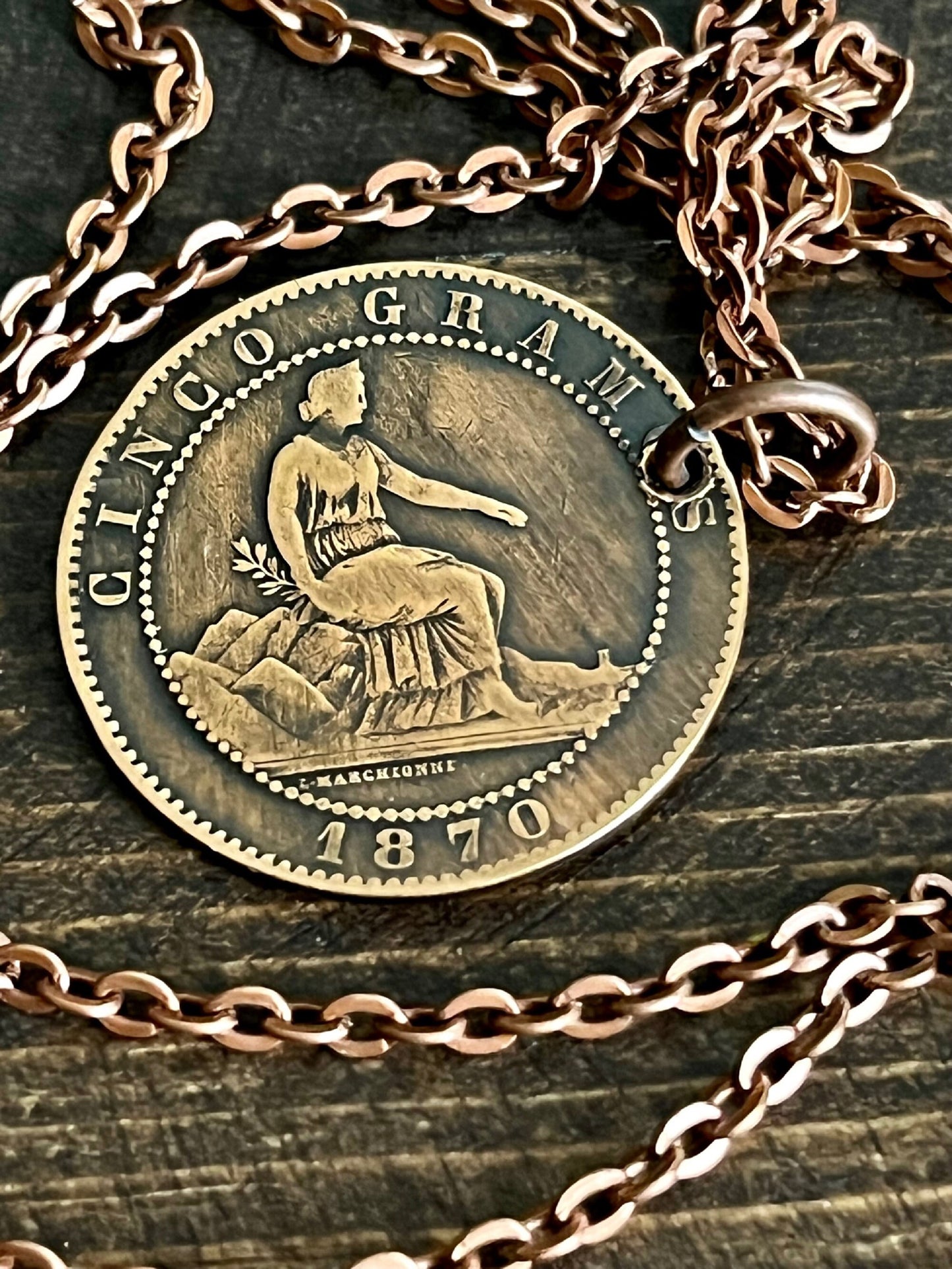 Spanish 1870 Spain - 5 Centimos Bronze Coin Necklace Spanish Pendant Vintage Rare Coins Coin Enthusiast Fashion Accessory Handmade
