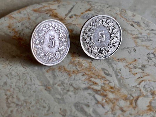 Switzerland 5 Rappen Coin Stud Earrings Set Swiss Francs Handmade Jewelry Gift Friend Charm For Him Her World Coin Collector