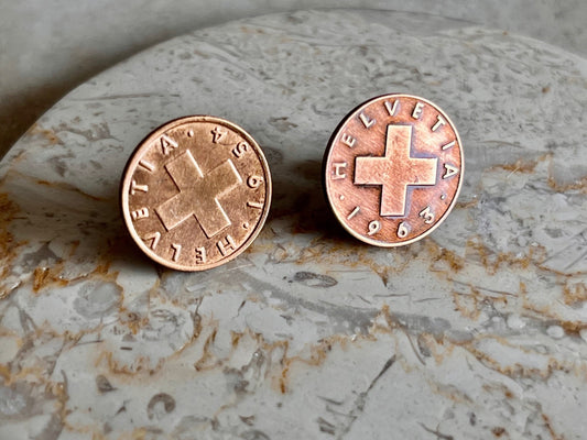 Switzerland Rappen Coin Stud Earrings Set Swiss Francs Custom Made Rare Coins Coin Enthusiast Fashion Accessory Handmade