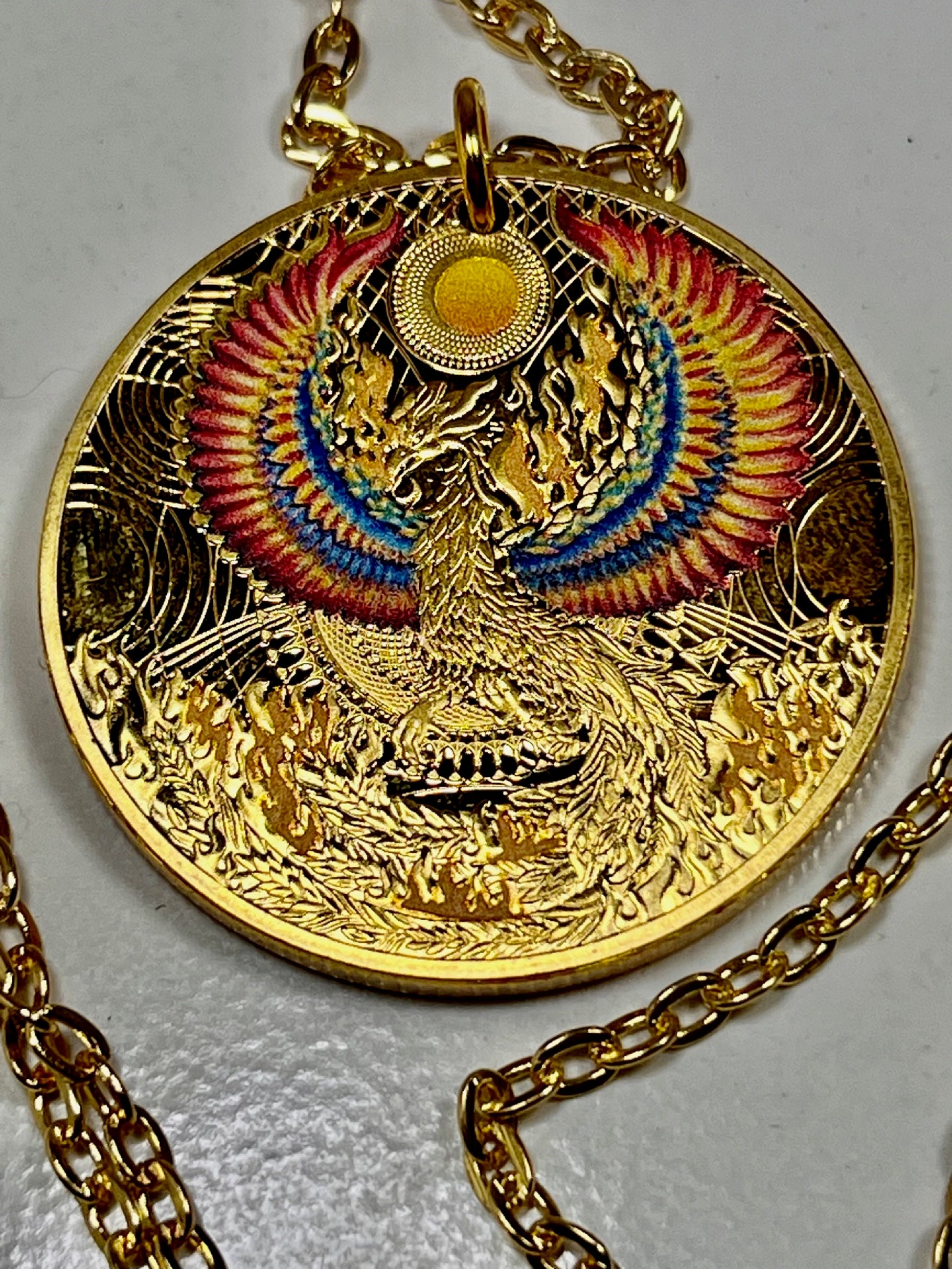 China Medallion Necklace Ancient Mythical Flaming Bird Medallion Rare Find Personal & Limited Supply