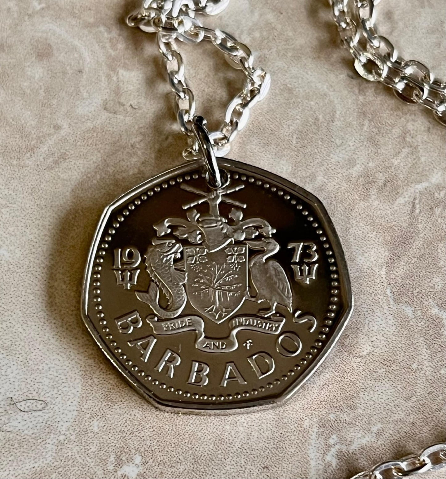 Barbados Coin Necklace From Mint Set Double Struck One Dollar Shark Pendant Vintage Custom Made - Coin Enthusiast Fashion Accessory Handmade