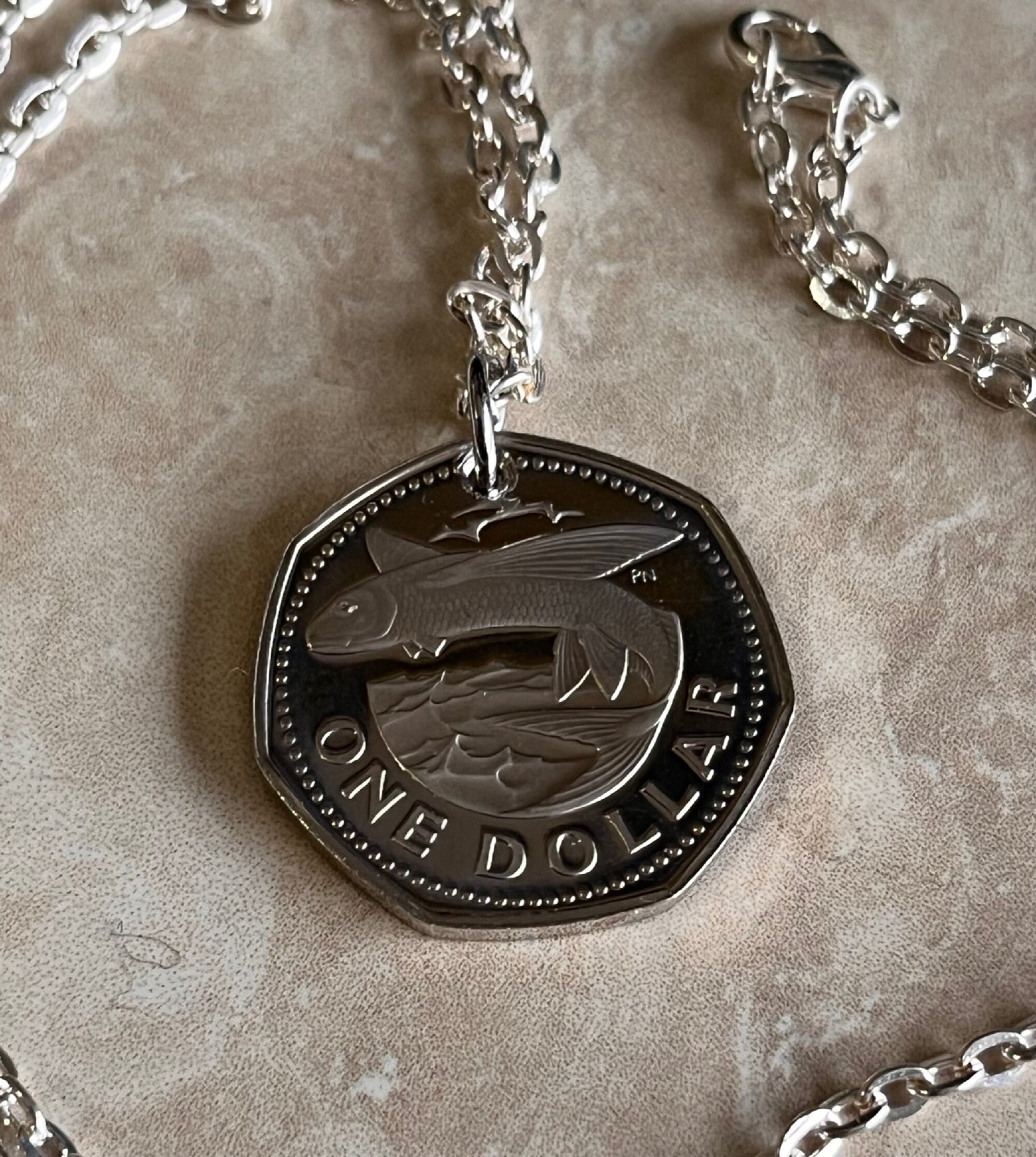 Barbados Coin Necklace From Mint Set Double Struck One Dollar Shark Pendant Vintage Custom Made - Coin Enthusiast Fashion Accessory Handmade