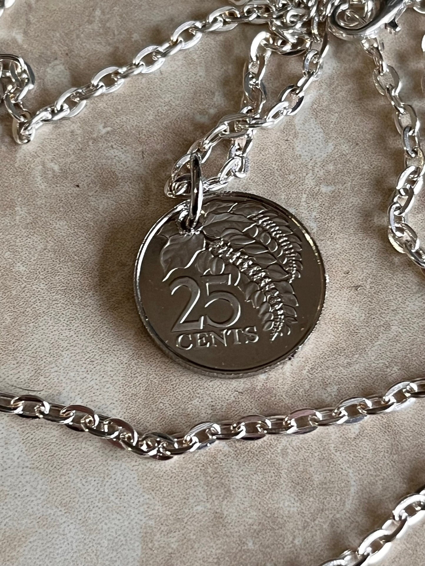 Trinidad and Tobago Mint Double Struck Coin Necklace 25 Cents Pendant Vintage Custom Made Coins Coin Enthusiast Fashion Accessory Handmade