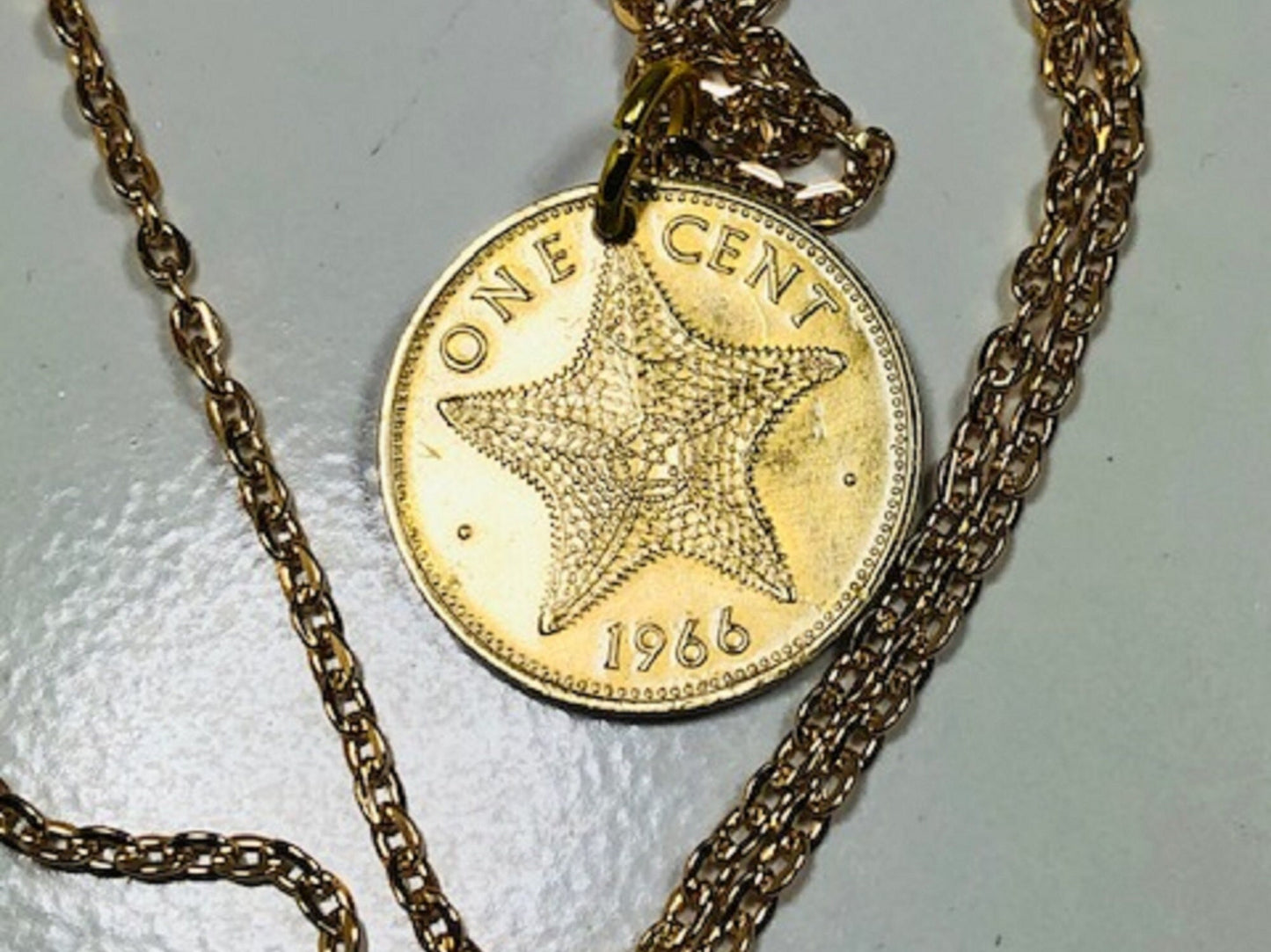 Bahamas Coin Pendant Star Fish Necklace Rhinestone Custom Made Charm Gift For Friend Charm Gift For Him, Her, Coin Collector, World Coins