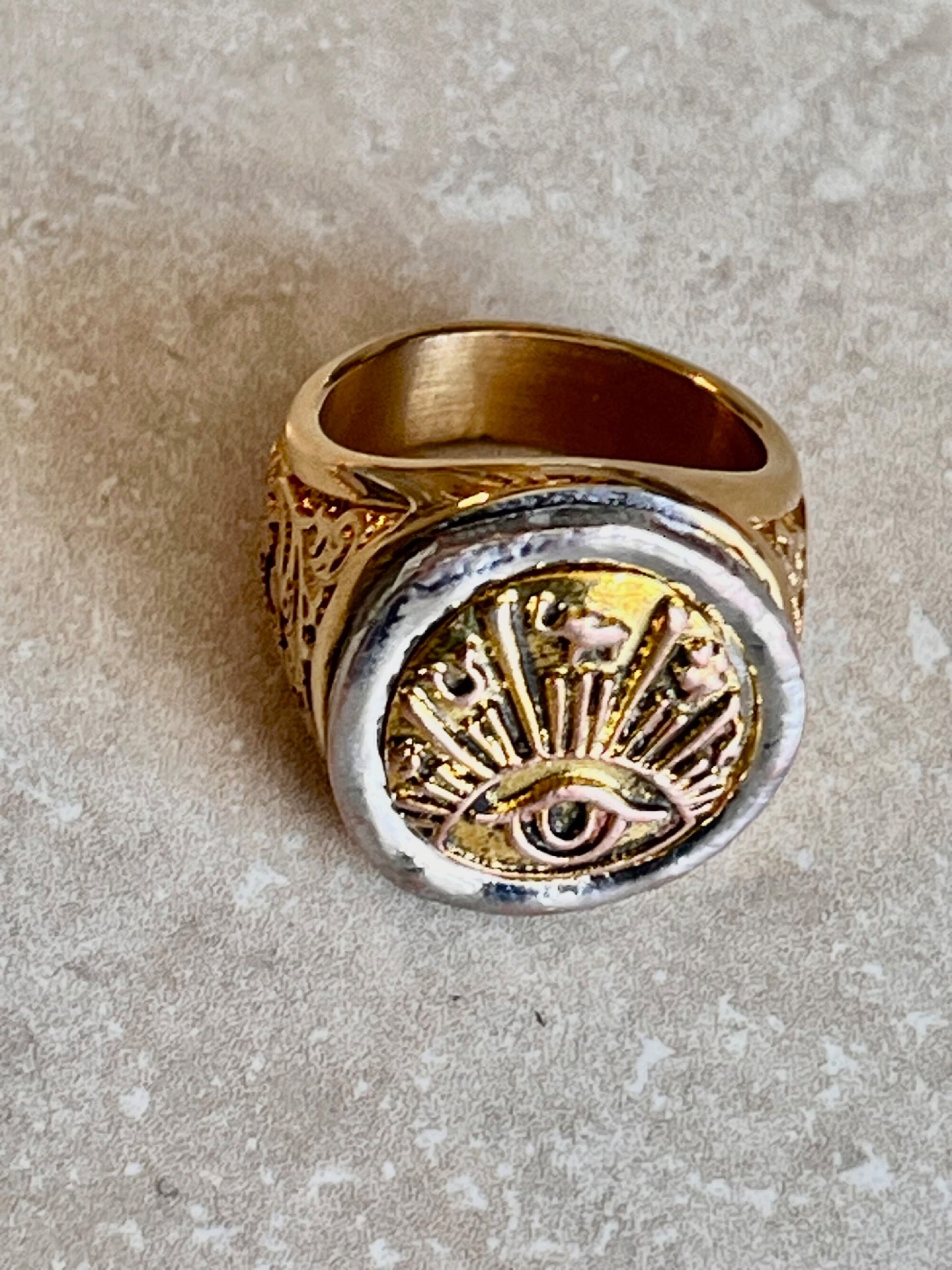 Eye of Horus Ring Golden Amulet Stainless Steel Symbolism of Egyptian Healing and Protective Powers, Health, Restoration, Custom Handmade