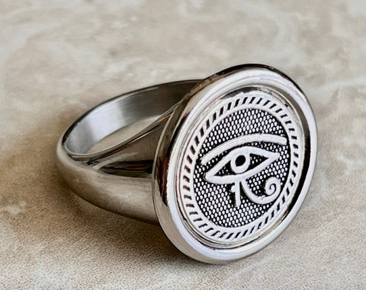 Eye of Horus Ring Stainless Steel Symbolism of Egyptian Healing & Protective Powers, Health, Restoration, Custom Handmade, Silver Gold Color