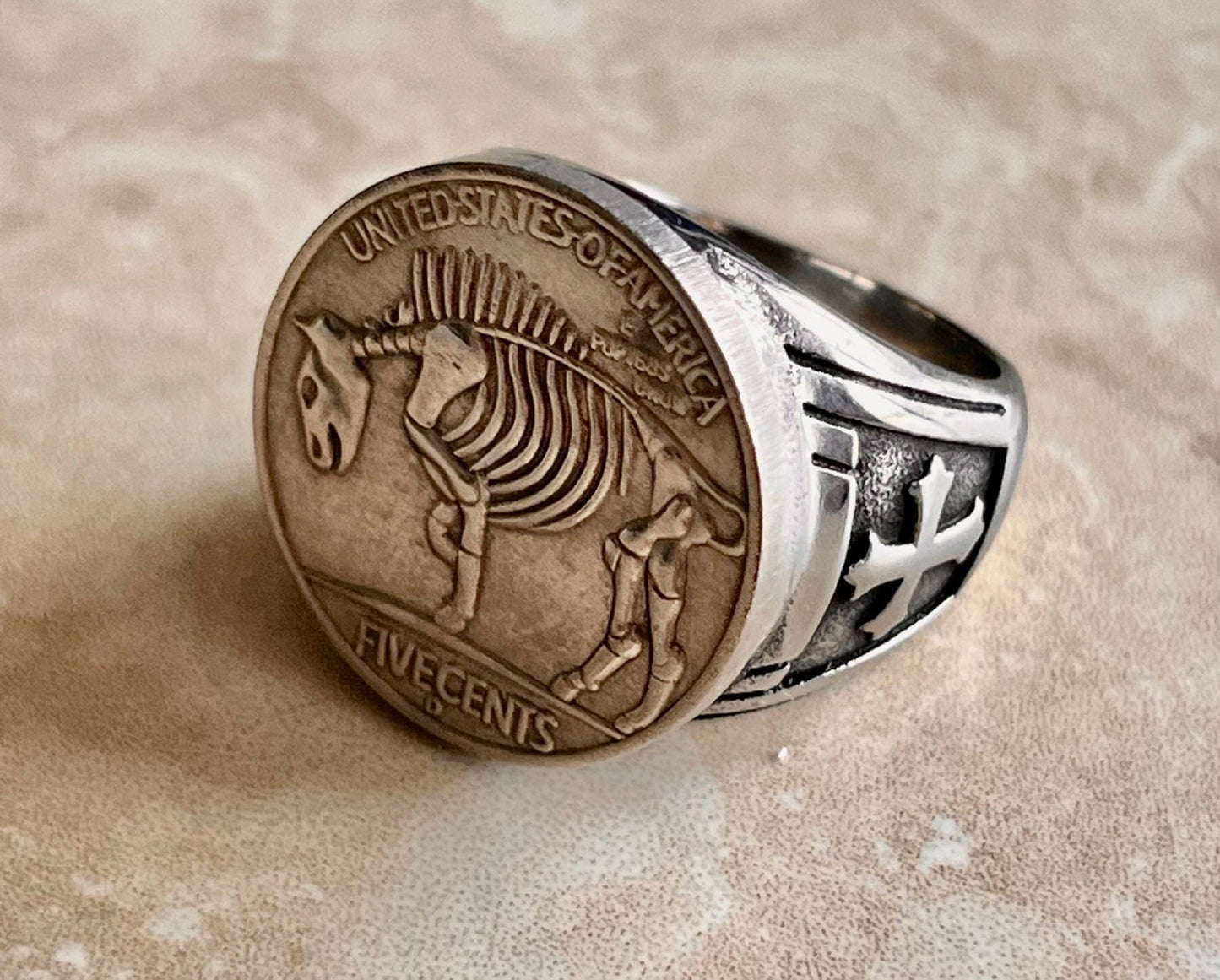 Skeleton Ring Stainless Steel United States Hobo Buffalo Nickel, Knights Templar Cross, Protection, Custom Handmade