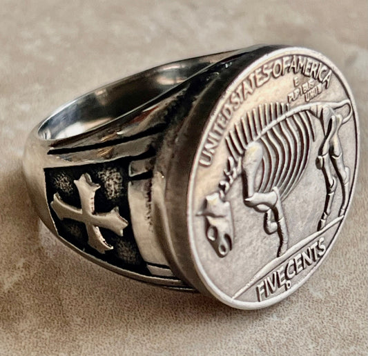 Skeleton Ring Stainless Steel United States Hobo Buffalo Nickel, Knights Templar Cross, Protection, Custom Handmade