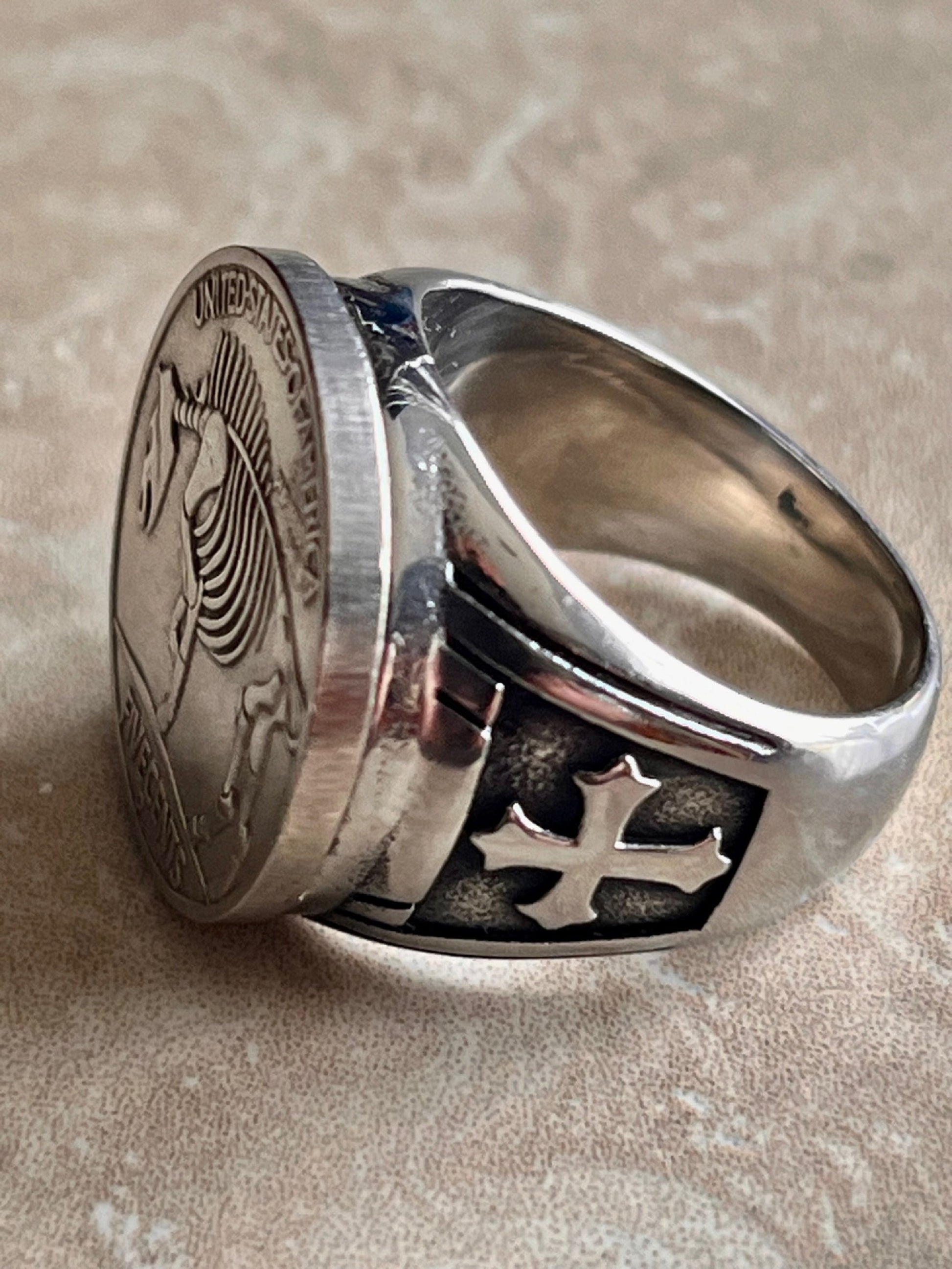 Skeleton Ring Stainless Steel United States Hobo Buffalo Nickel, Knights Templar Cross, Protection, Custom Handmade