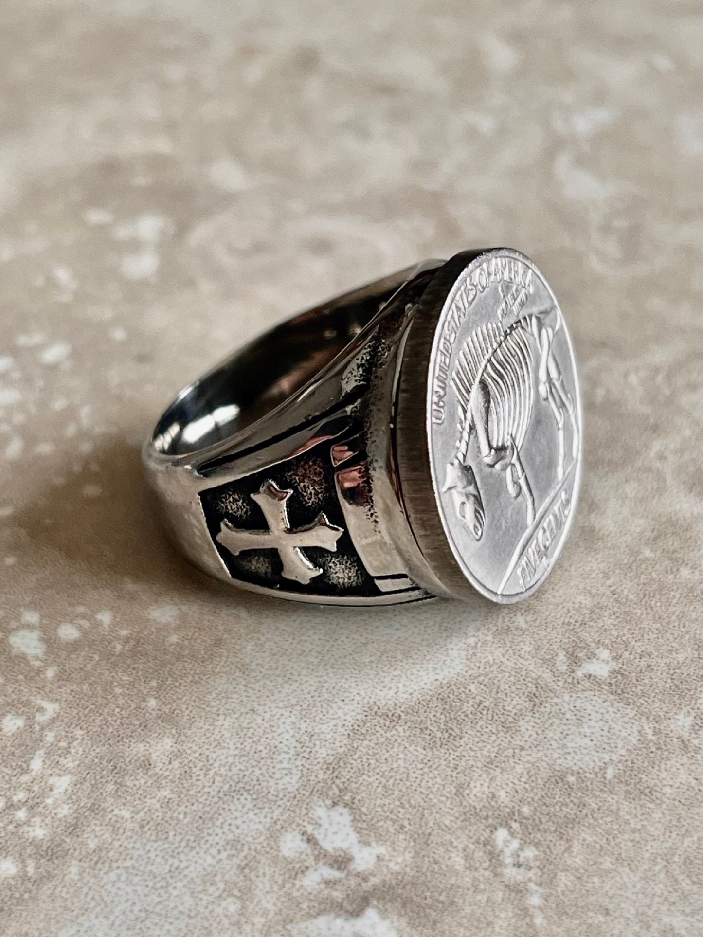 Skeleton Ring Stainless Steel United States Hobo Buffalo Nickel, Knights Templar Cross, Protection, Custom Handmade