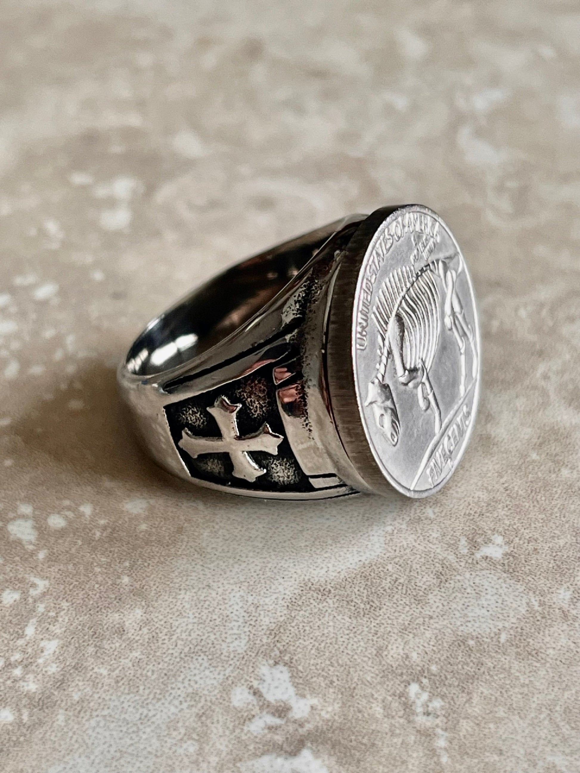 Skeleton Ring Stainless Steel United States Hobo Buffalo Nickel, Knights Templar Cross, Protection, Custom Handmade