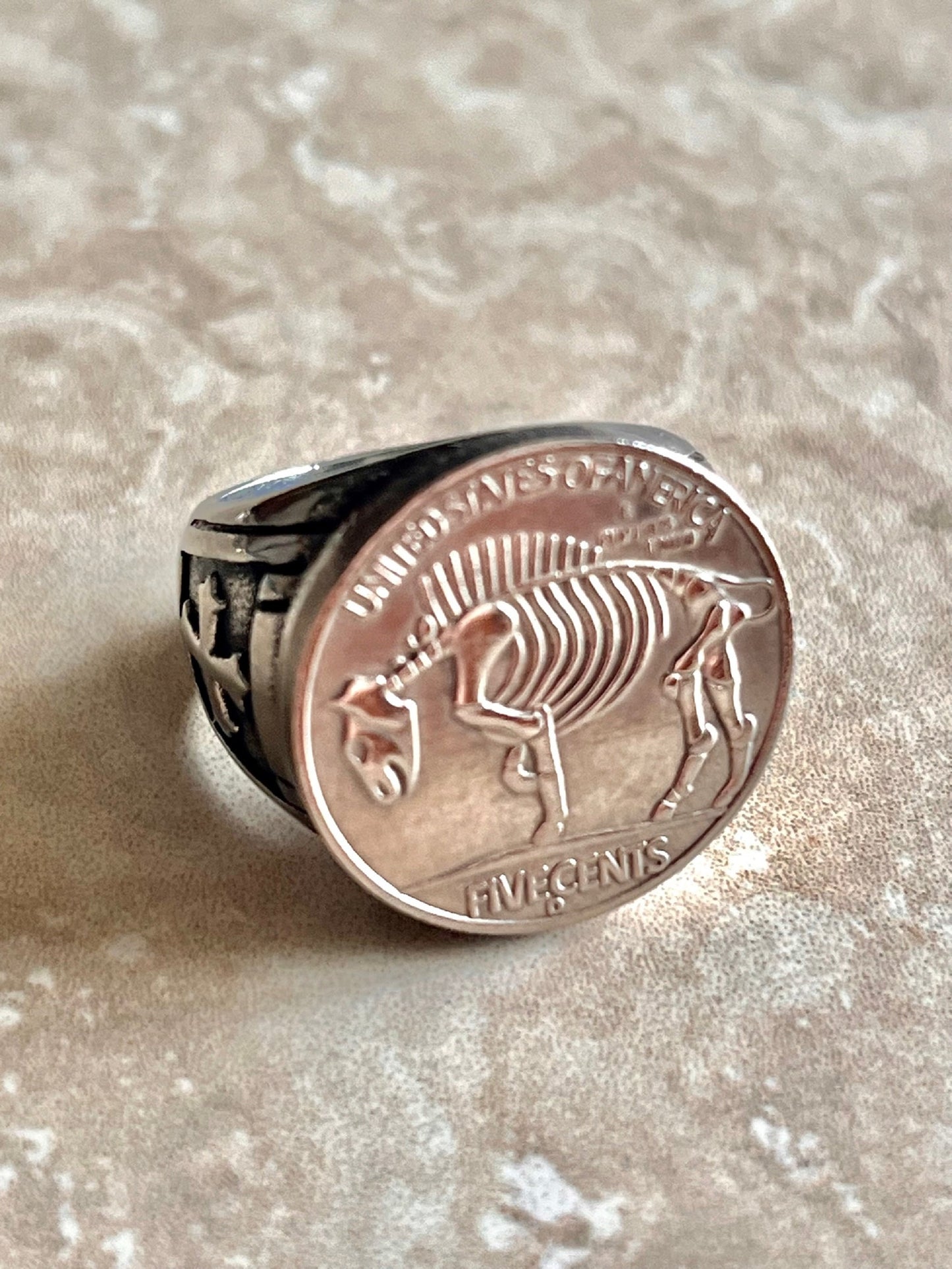 Skeleton Ring Stainless Steel United States Hobo Buffalo Nickel, Knights Templar Cross, Protection, Custom Handmade