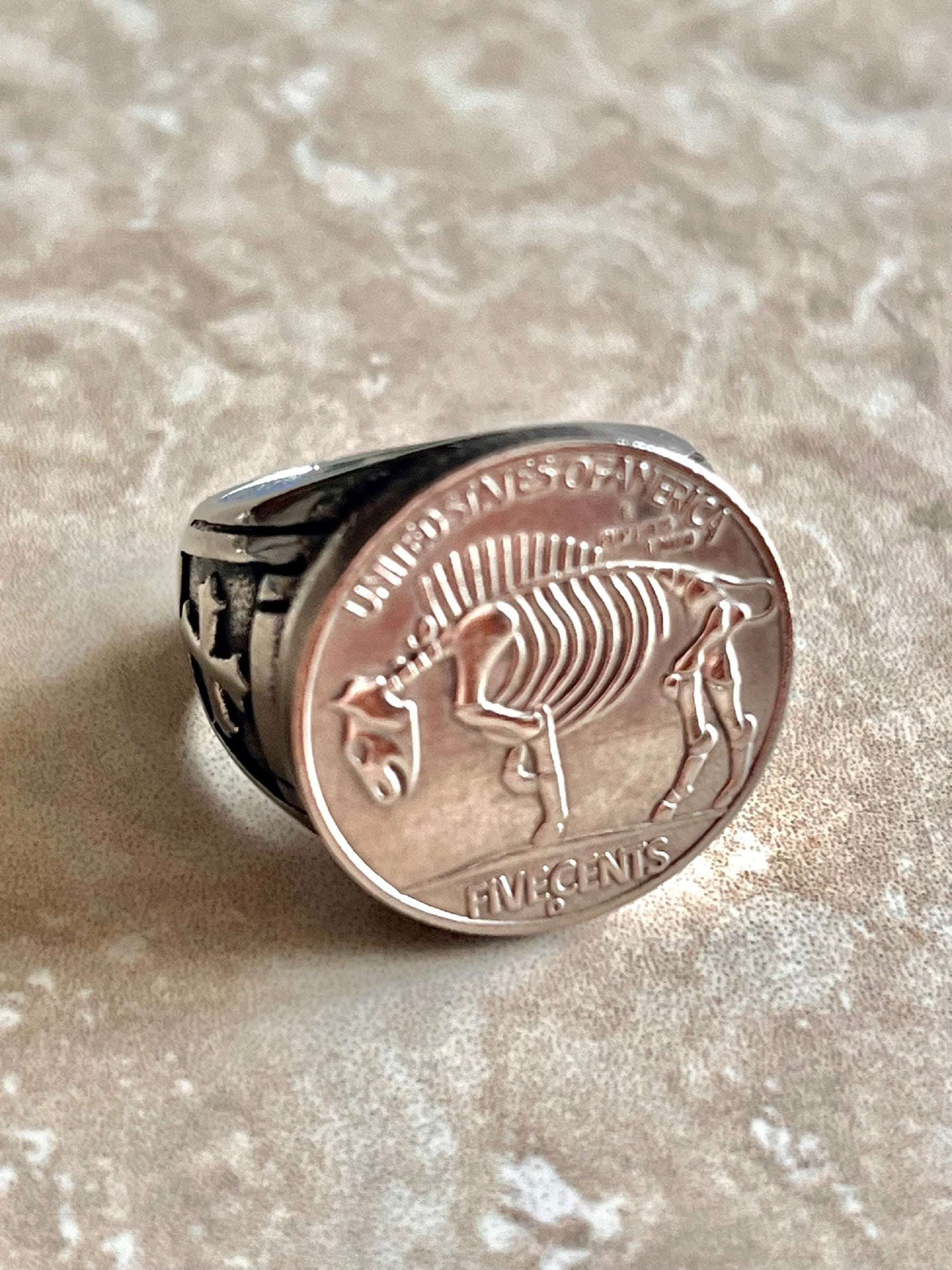 Skeleton Ring Stainless Steel United States Hobo Buffalo Nickel, Knights Templar Cross, Protection, Custom Handmade