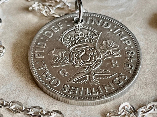 United Kingdom Coin Pendant 2 Shilling Custom Necklace Rhinestone Gift For Friend Coin Charm Gift For Him, Her, Coin Collector, World Coins