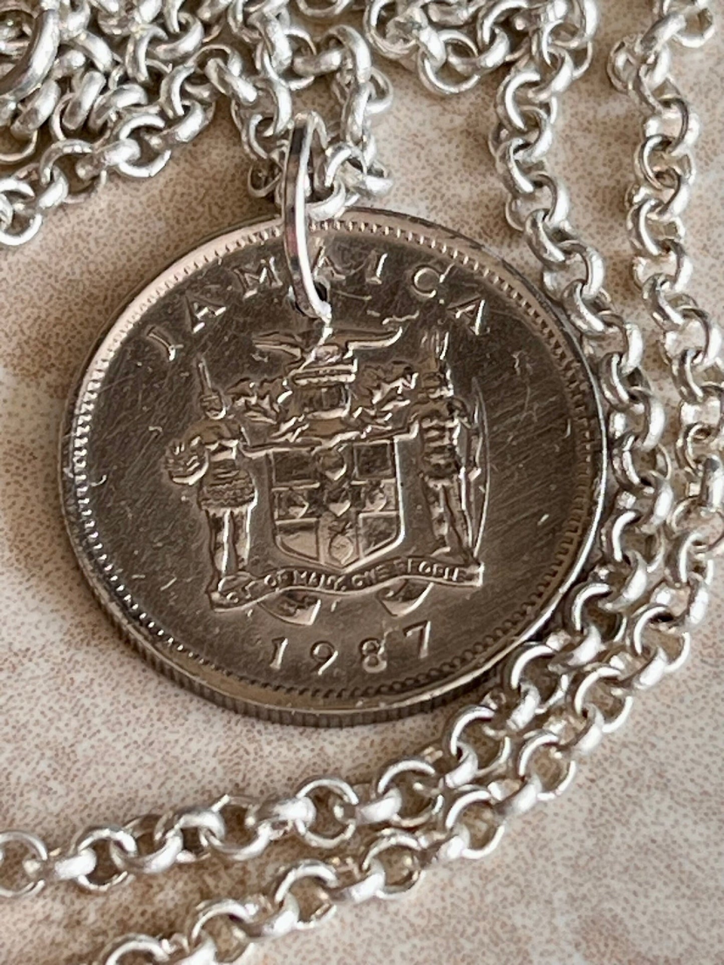 Jamaica Necklace Pendant Jamaican 5 Cent Crocodile Personal Old Vintage Handmade Jewelry Gift Friend Charm For Him Her World Coin Collector