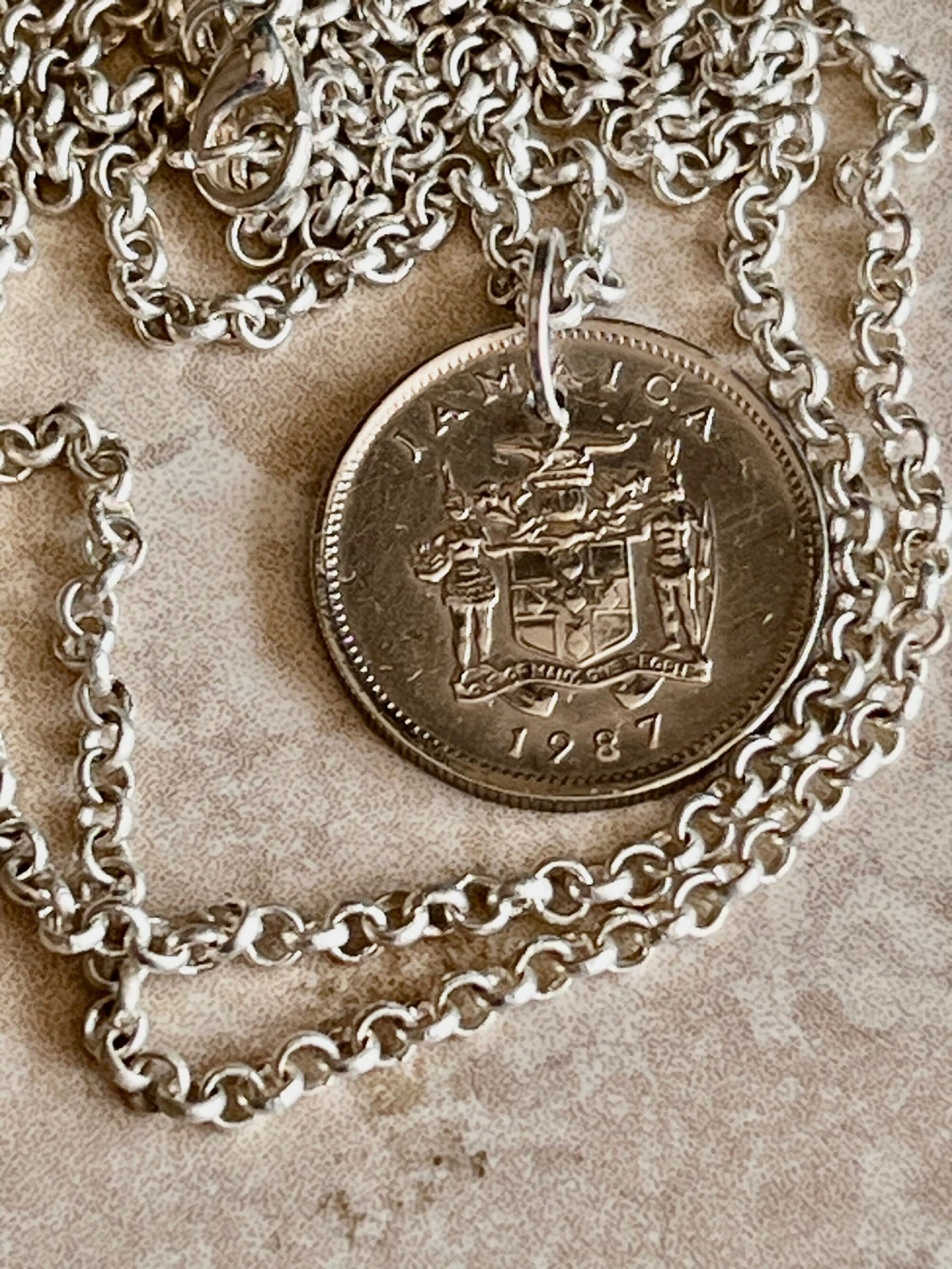 Jamaica Necklace Pendant Jamaican 5 Cent Crocodile Personal Old Vintage Handmade Jewelry Gift Friend Charm For Him Her World Coin Collector