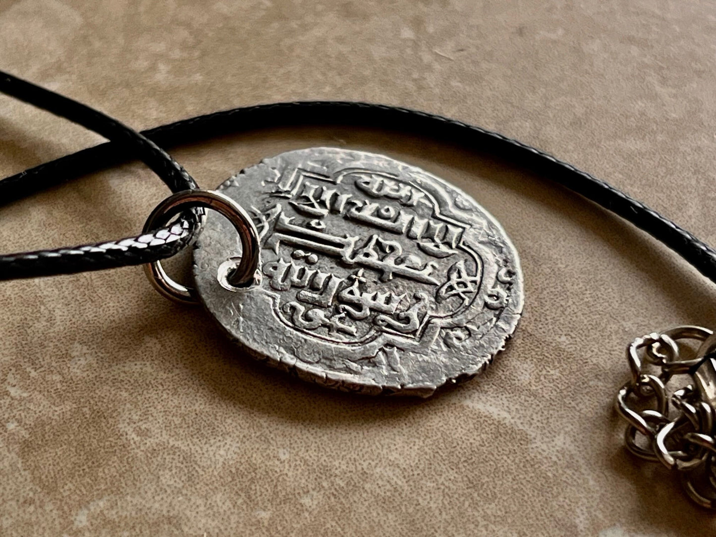 Ancient Silver Pendant Necklace Middle East, Jalayirid Sultanate Pure Silver 1356-1374 AD Silver Coin of Shaykh Uways