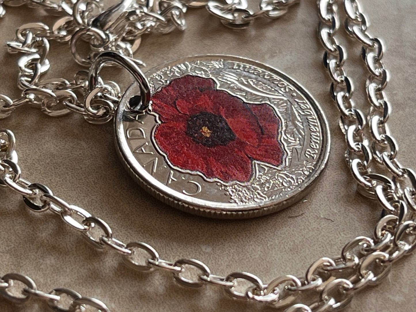 Canadian Quarter Coin Necklace 2015 Red Poppy Coloured Uncirculated 25 Cents Custom Made Vintage Rare Coins Coin Enthusiast Canada