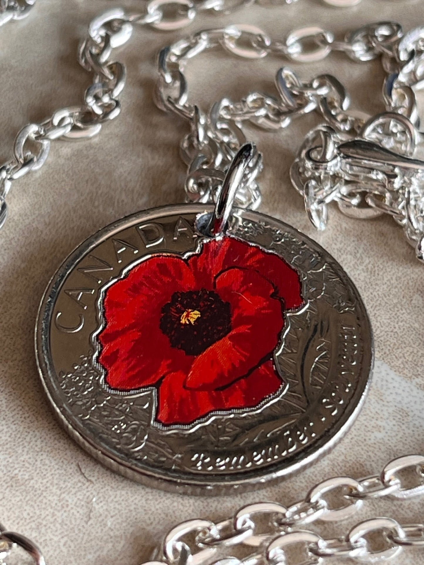Canadian Quarter Coin Necklace 2015 Red Poppy Coloured Uncirculated 25 Cents Custom Made Vintage Rare Coins Coin Enthusiast Canada