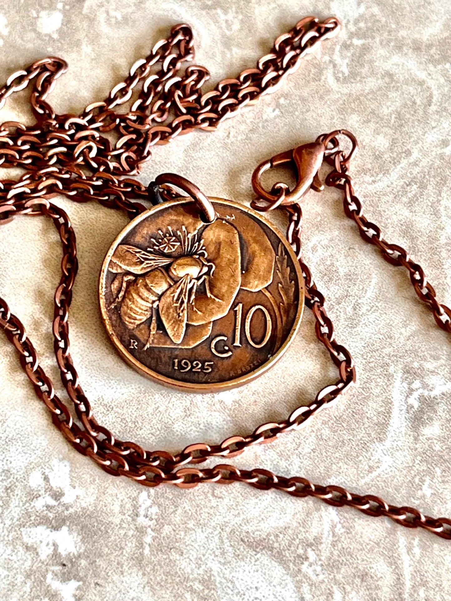 Italy Coin Pendant Italian 10 Lira Bee and Flower Necklace Vintage Handmade Jewelry Gift, Friend Charm Gift For Him, Her, World Collector
