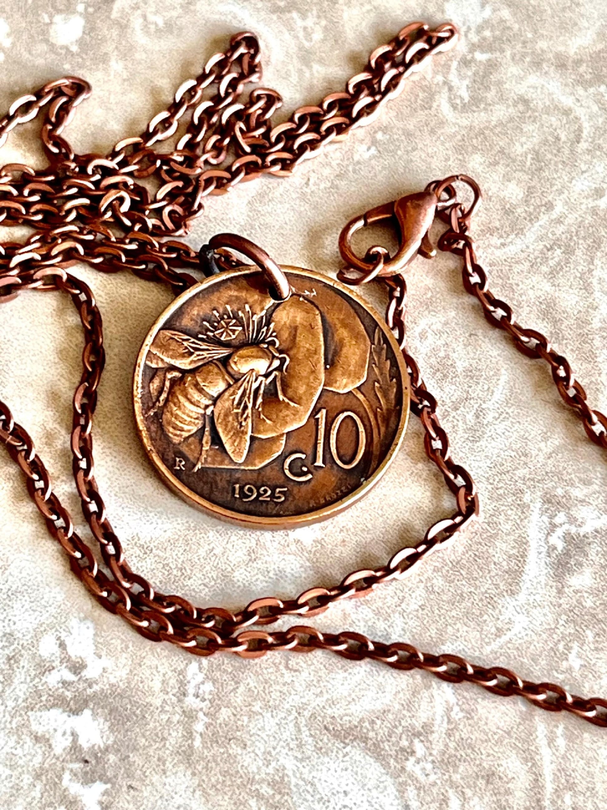 Italy Coin Pendant Italian 10 Lira Bee and Flower Necklace Vintage Handmade Jewelry Gift, Friend Charm Gift For Him, Her, World Collector
