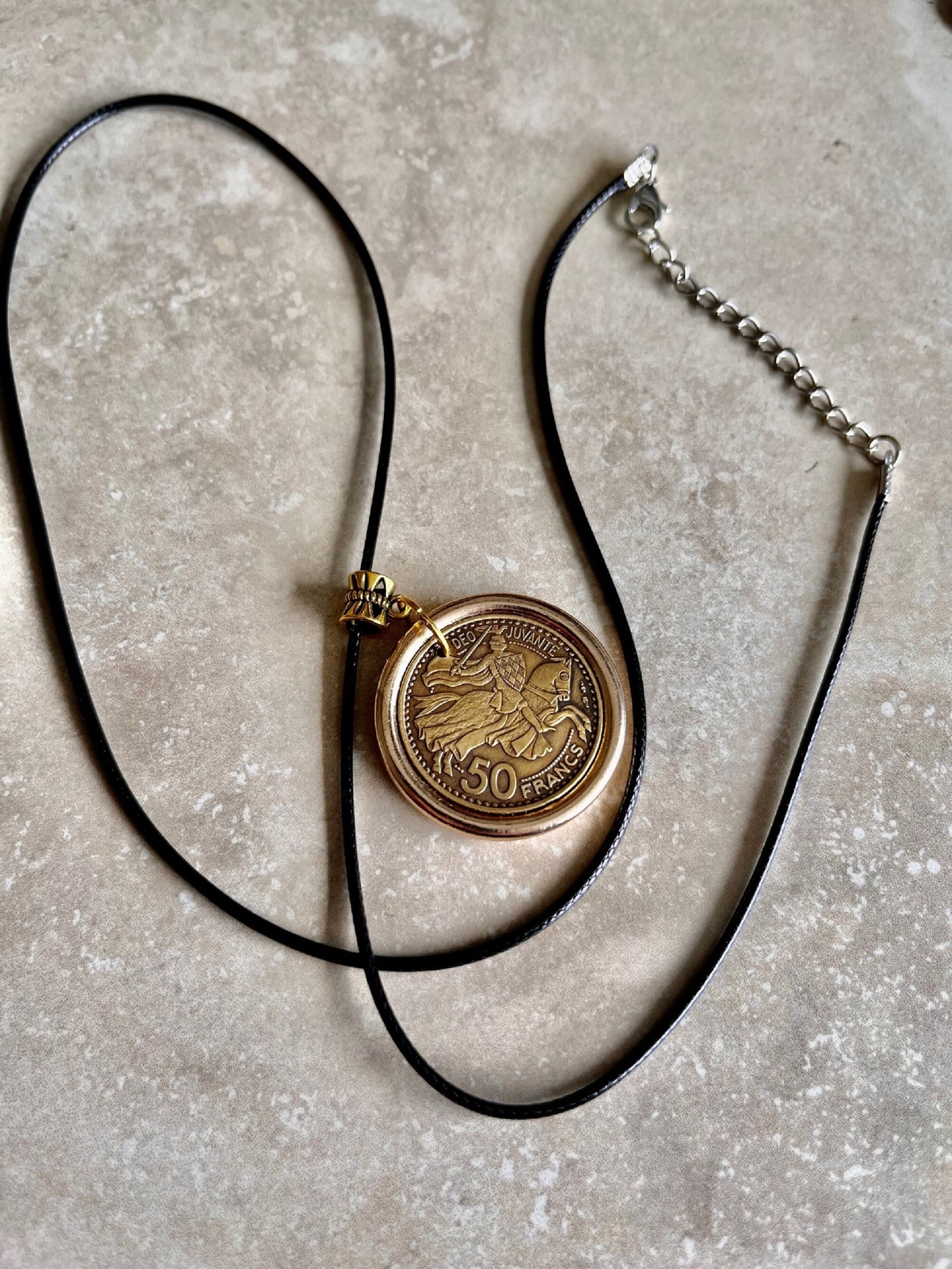 Monaco Coin Pendant Necklace 50 Francs, Prince Rainier III Personal Vintage Handmade Jewelry Gift Friend Charm Him Her World Coin Collector