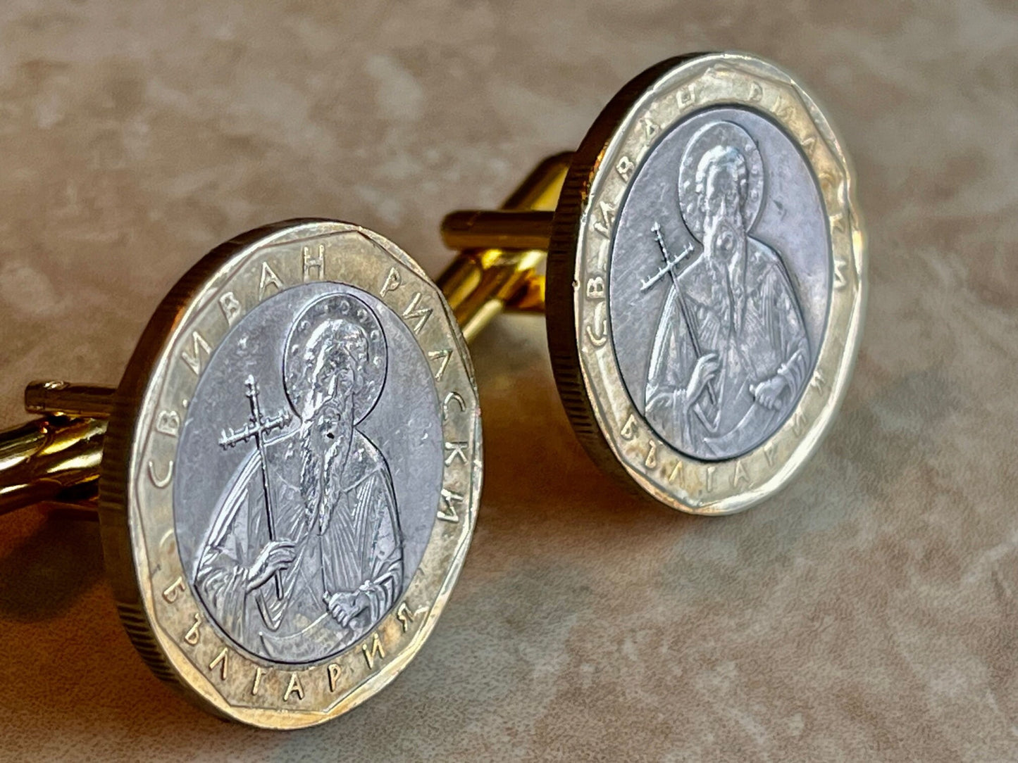 Bulgaria Coin Cufflinks 1 Leva Bulgarian Cuff Links Patron Saint, St. Ivan Rilsky Custom Made Coin Enthusiast Vintage Fashion Accessory