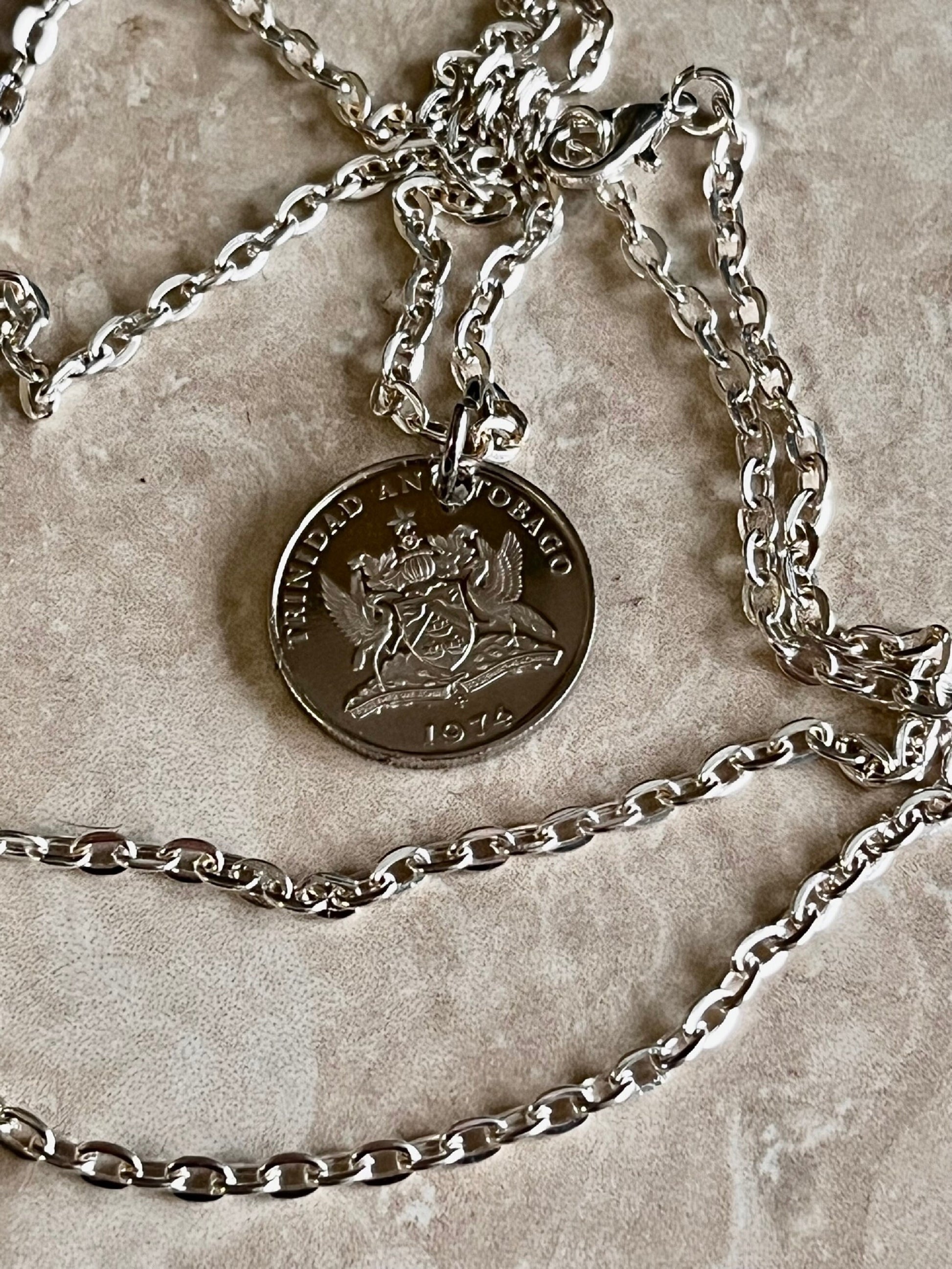 Trinidad and Tobago Mint Double Struck Coin Necklace 25 Cents Pendant Vintage Custom Made Coins Coin Enthusiast Fashion Accessory Handmade