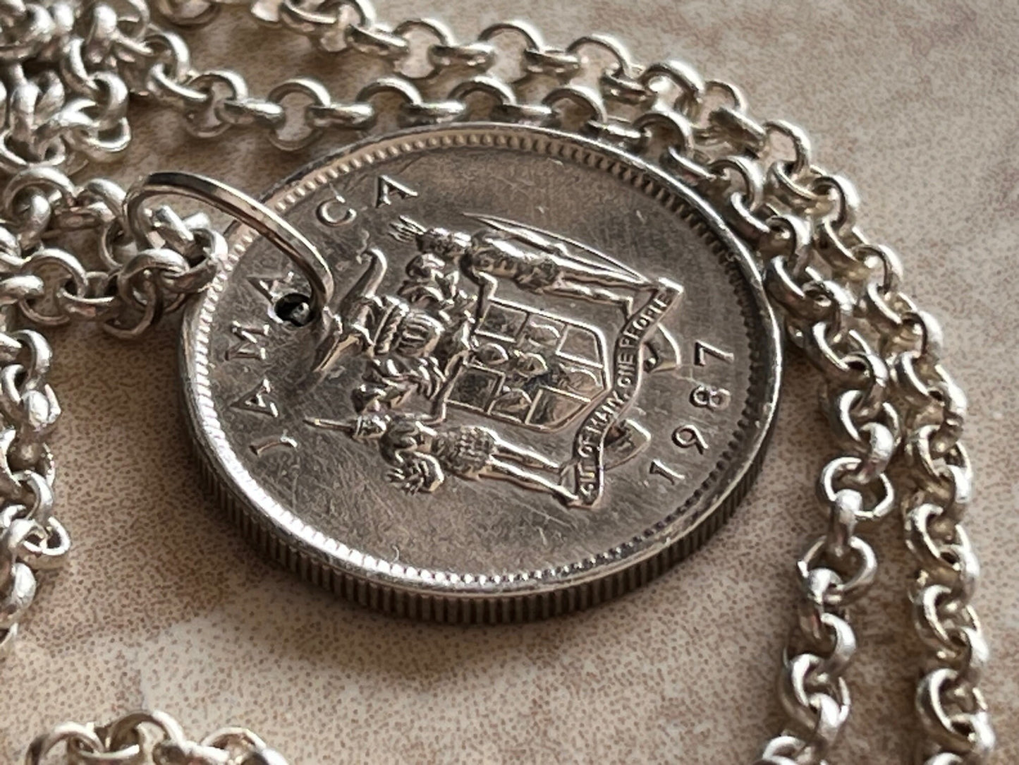 Jamaica Necklace Pendant Jamaican 5 Cent Crocodile Personal Old Vintage Handmade Jewelry Gift Friend Charm For Him Her World Coin Collector