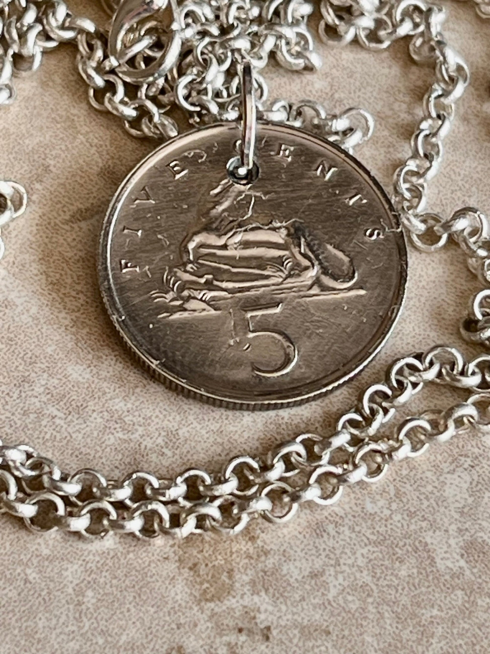 Jamaica Necklace Pendant Jamaican 5 Cent Crocodile Personal Old Vintage Handmade Jewelry Gift Friend Charm For Him Her World Coin Collector