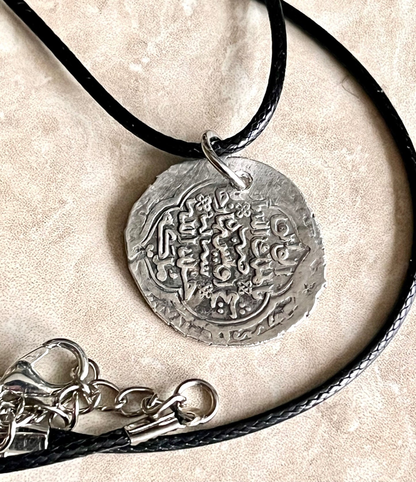 Ancient Silver Pendant Necklace Middle East, Jalayirid Sultanate Pure Silver 1356-1374 AD Silver Coin of Shaykh Uways