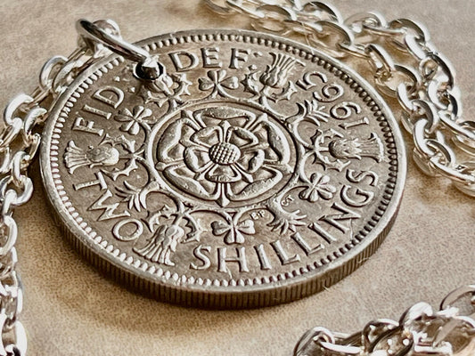 United Kingdom Coin Pendant 2 Shilling Coin Necklace Rhinestone Gift For Friend Coin Charm Gift For Him, Her, Coin Collector, World Coins