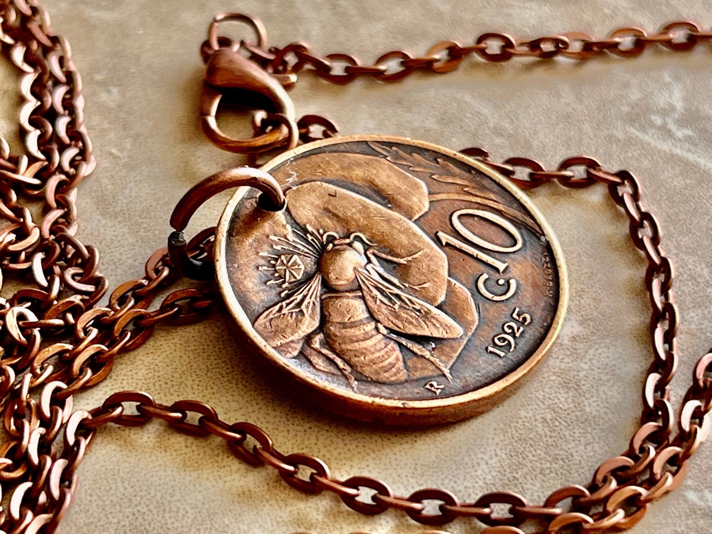 Italy Coin Pendant Italian 10 Lira Bee and Flower Necklace Vintage Handmade Jewelry Gift, Friend Charm Gift For Him, Her, World Collector