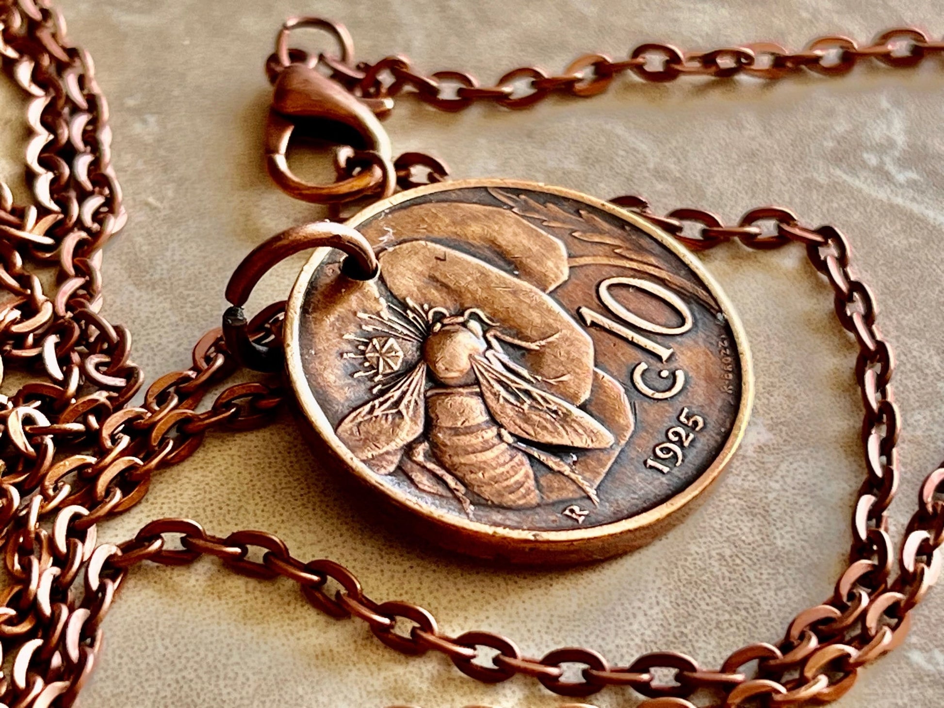 Italy Coin Pendant Italian 10 Lira Bee and Flower Necklace Vintage Handmade Jewelry Gift, Friend Charm Gift For Him, Her, World Collector