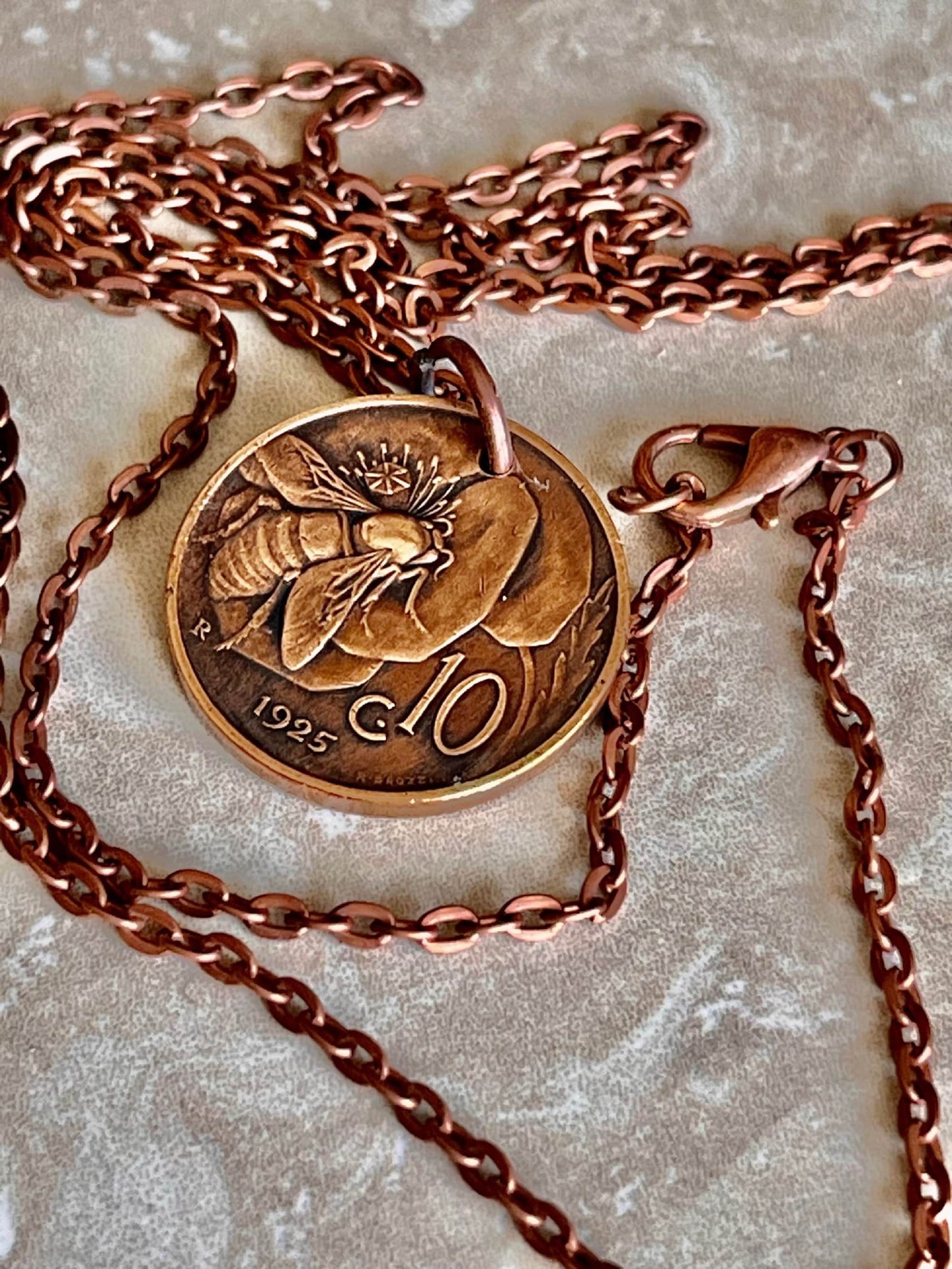 Italy Coin Pendant Italian 10 Lira Bee and Flower Necklace Vintage Handmade Jewelry Gift, Friend Charm Gift For Him, Her, World Collector