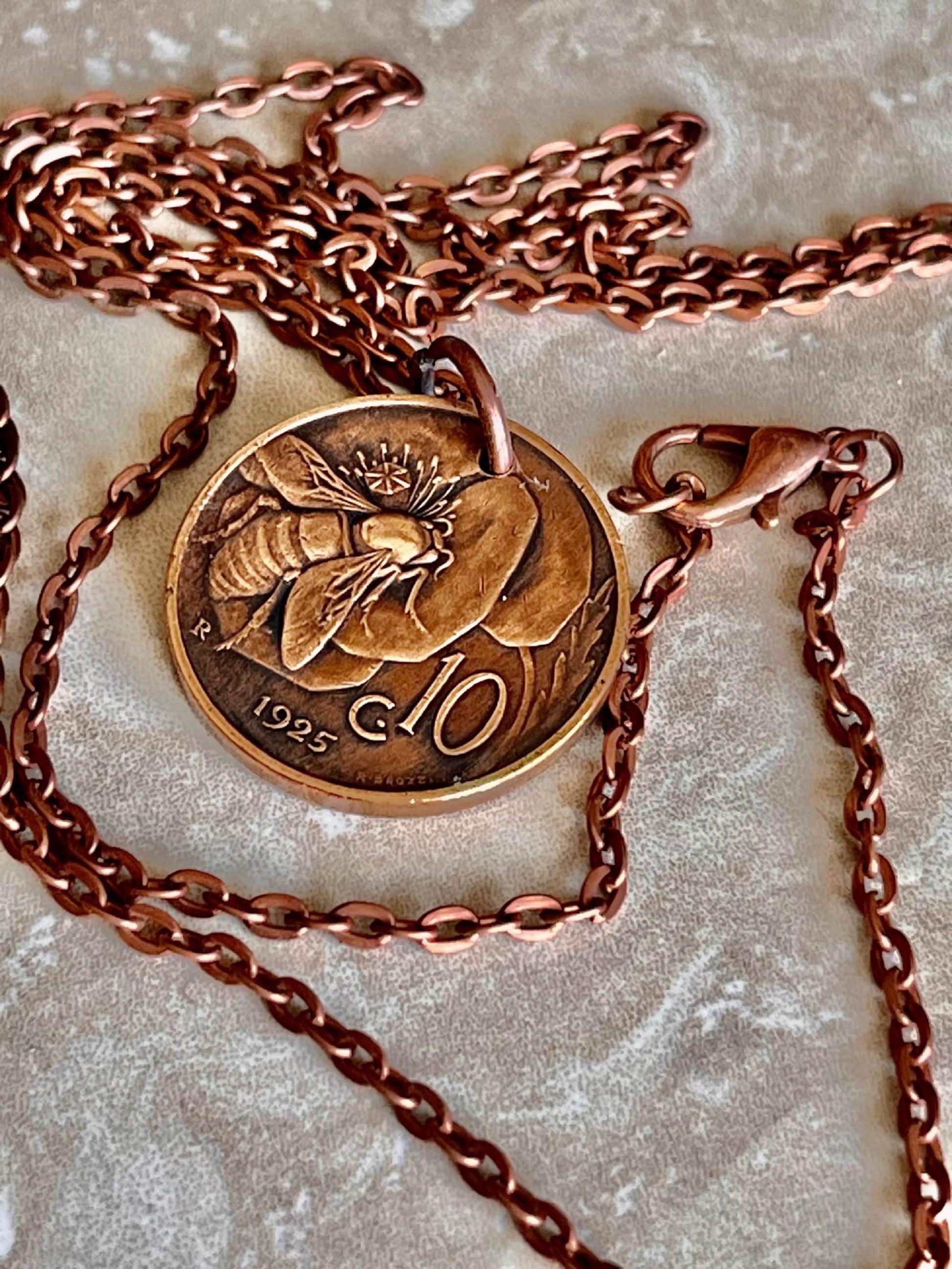 Italy Coin Pendant Italian 10 Lira Bee and Flower Necklace Vintage Handmade Jewelry Gift, Friend Charm Gift For Him, Her, World Collector