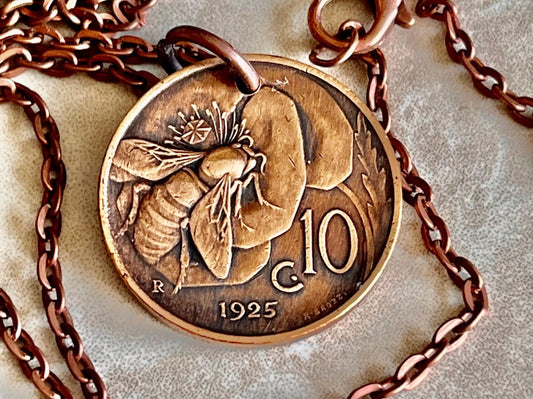 Italy Coin Pendant Italian 10 Lira Bee and Flower Necklace Vintage Handmade Jewelry Gift, Friend Charm Gift For Him, Her, World Collector