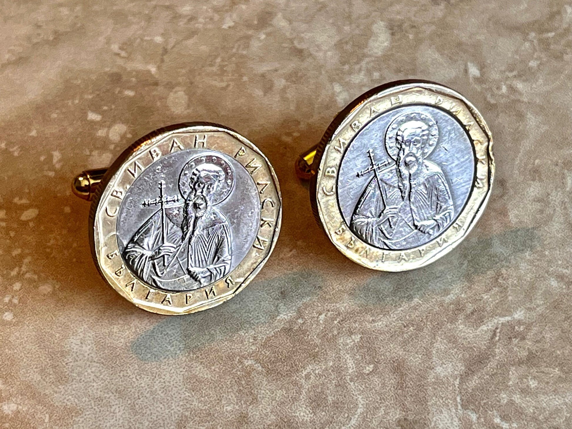 Bulgaria Coin Cufflinks 1 Leva Bulgarian Cuff Links Patron Saint, St. Ivan Rilsky Custom Made Coin Enthusiast Vintage Fashion Accessory