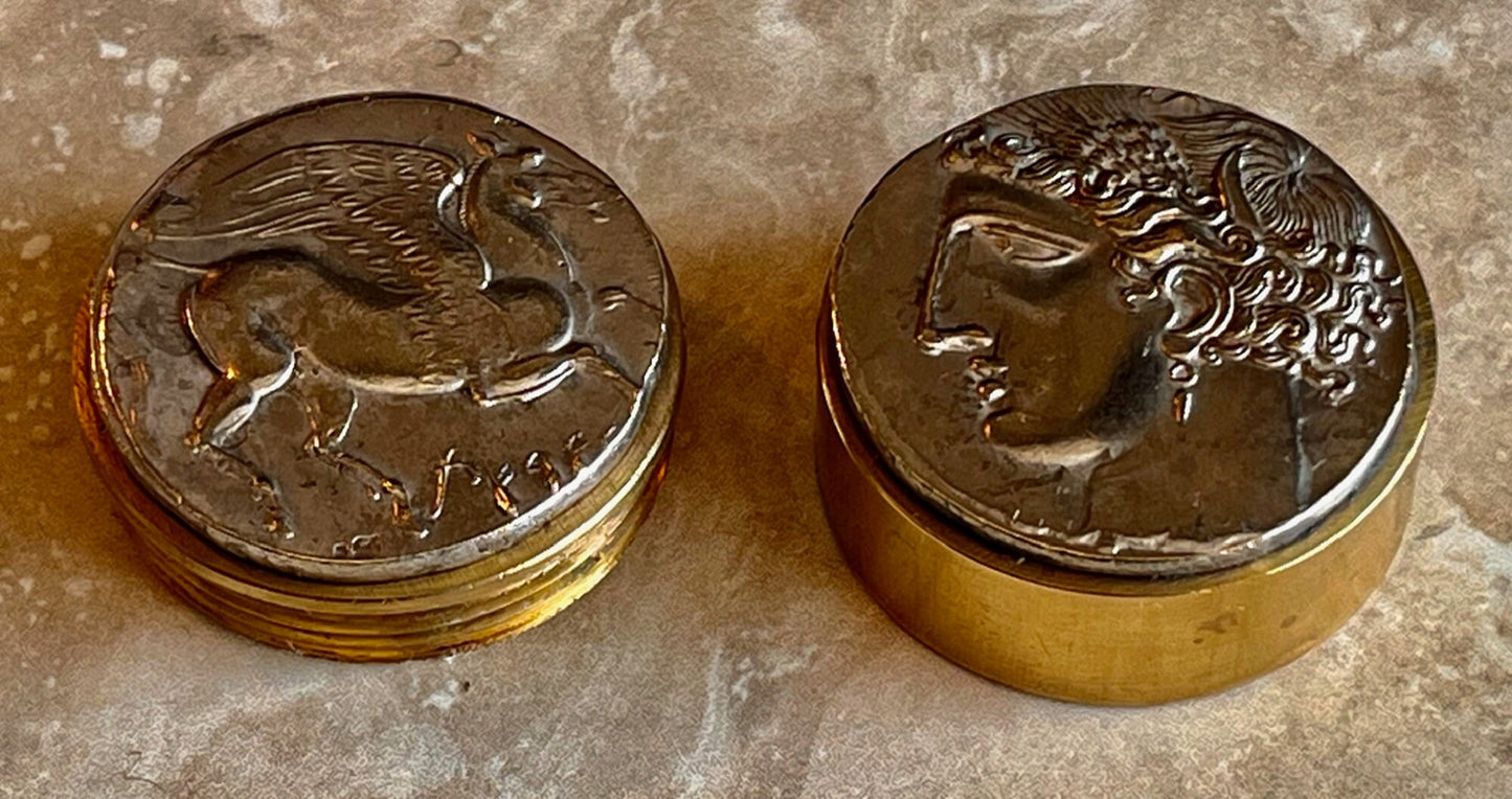 Greek Pegasus Coin Replica Pillbox, Vitamin Box - Antique Stash Snuff Box, Tobacco Box, Keepsake, Men's Gift, Jewelry, World Coin Collector