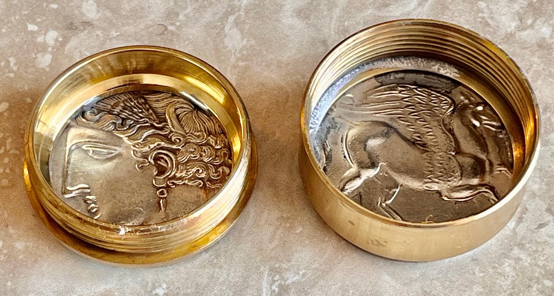 Greek Pegasus Coin Replica Pillbox, Vitamin Box - Antique Stash Snuff Box, Tobacco Box, Keepsake, Men's Gift, Jewelry, World Coin Collector